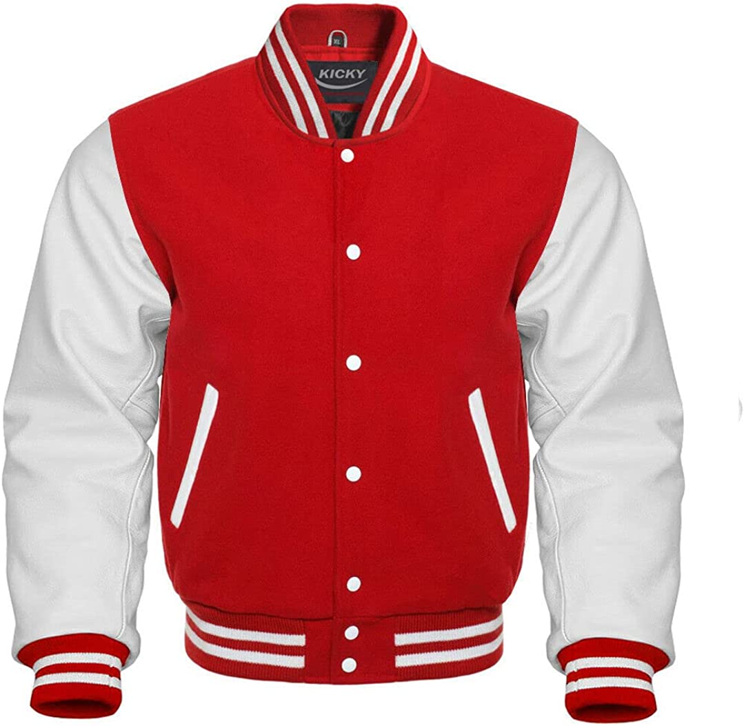 Varsity Jacket Letterman Baseball Jacket Wool body and Cowhide Leather Sleeves 22 Color Options