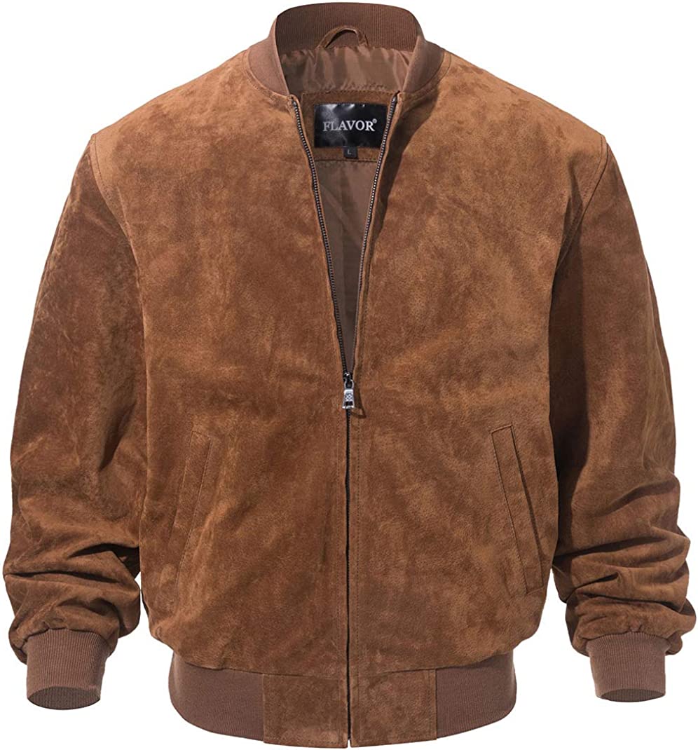 FLAVOR Men's Leather Baseball Bomber Jacket Vintage Suede Pigskin