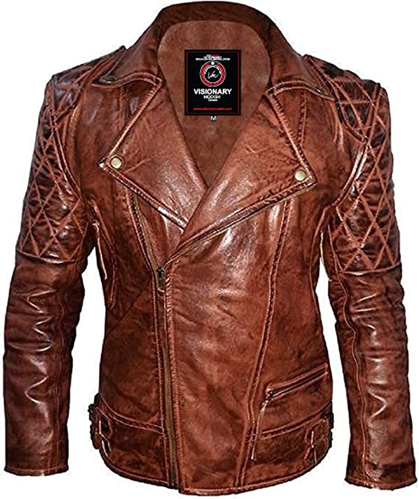 Men's Fashion Brando Style Distressed Diamond Quilted Genuine Sheepskin Leather Jacket- VM1921860
