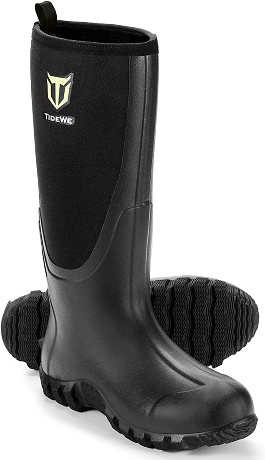 TIDEWE Rubber Boots for Men Multi-Season, Waterproof Rain Boots with Steel Shank, 6mm Neoprene Durable Rubber Outdoor Hunting Boots Realtree Edge Camo (Black, Brown & Camo)