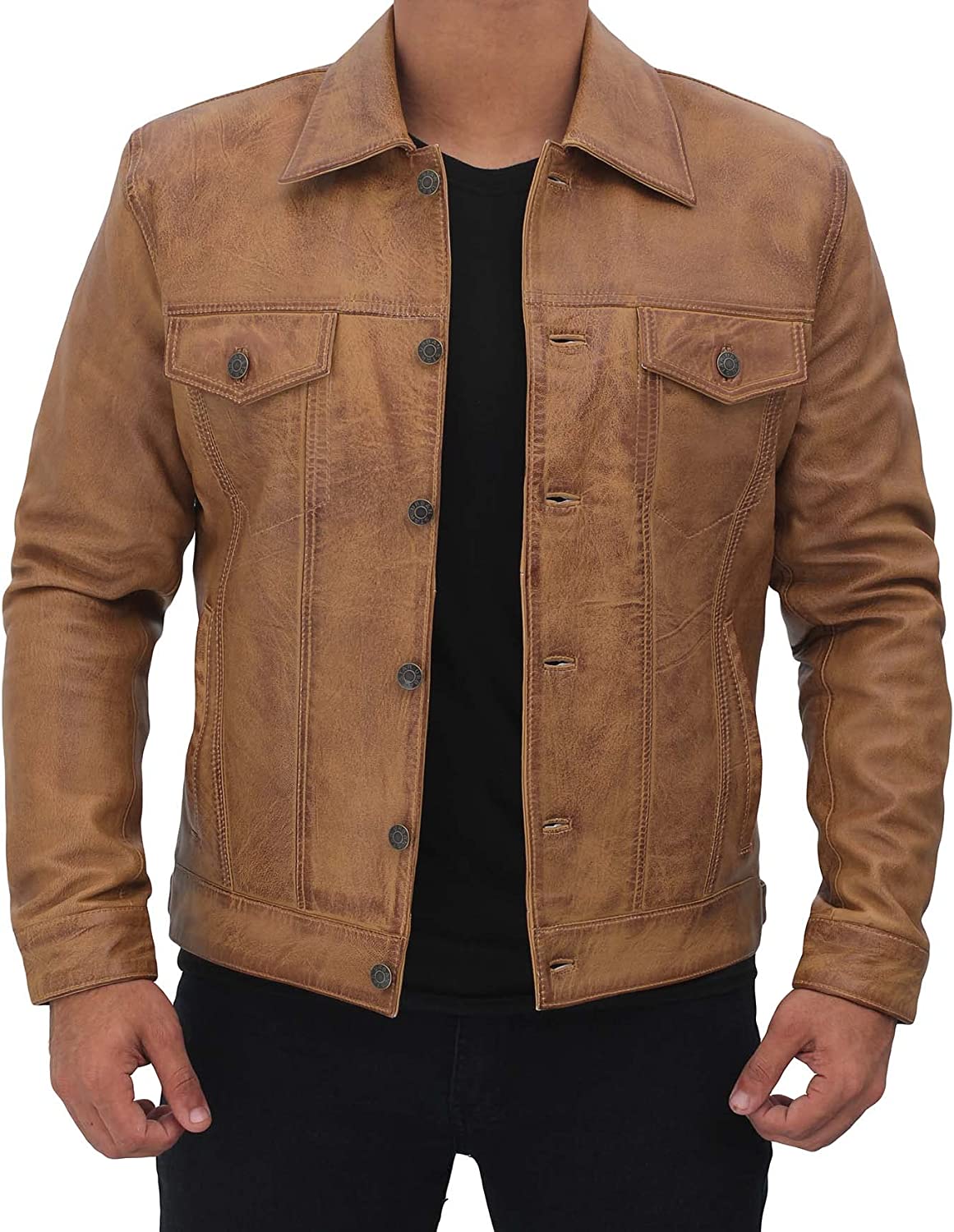 Blingsoul Mens Leather Jacket - Vintage Real Lambskin Trucker Jacket Men