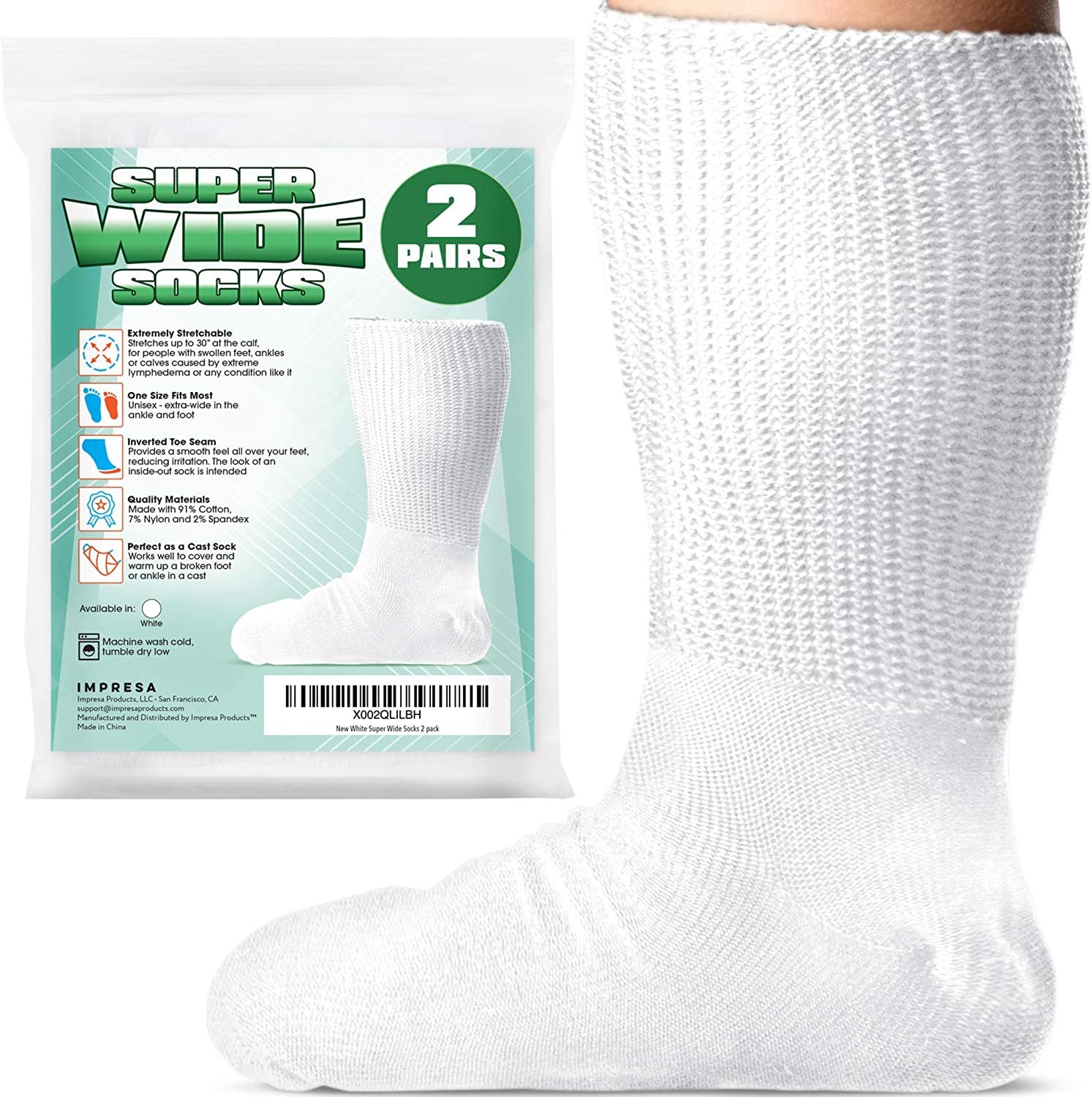 [2 Pairs] One Size Unisex Extra Width Socks in White for Lymphedema - Bariatric Sock - Oversized Sock Stretches up to 30'' Over Calf for Swollen Feet And Mens and Womens Legs