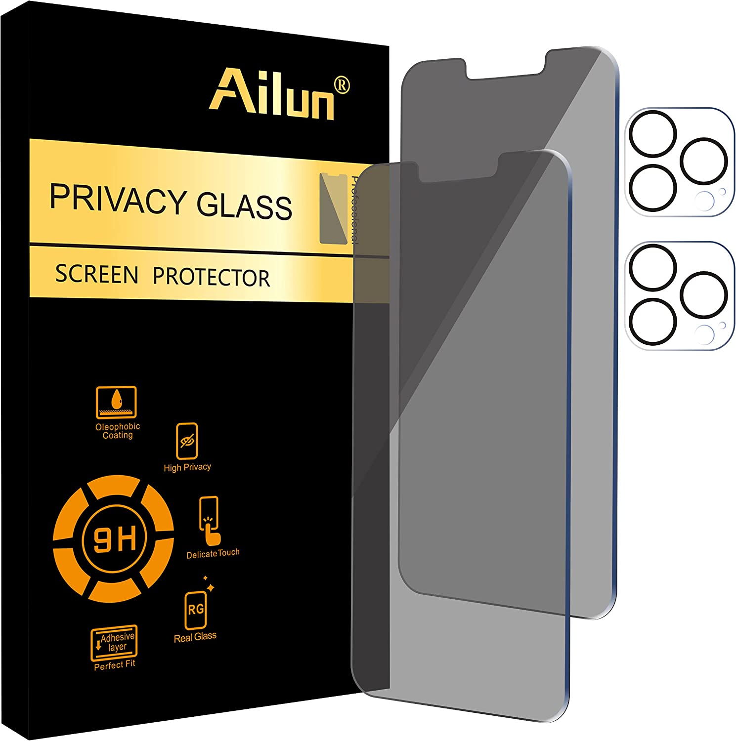 Ailun 2Pack Privacy Screen Protector Compatible for iPhone 13 Pro[6.1 inch Display] + 2 Pack Camera Lens Protector, Anti Spy Private Tempered Glass Film,[9H Hardness] - HD [Black] [Not for iPhone 13 P