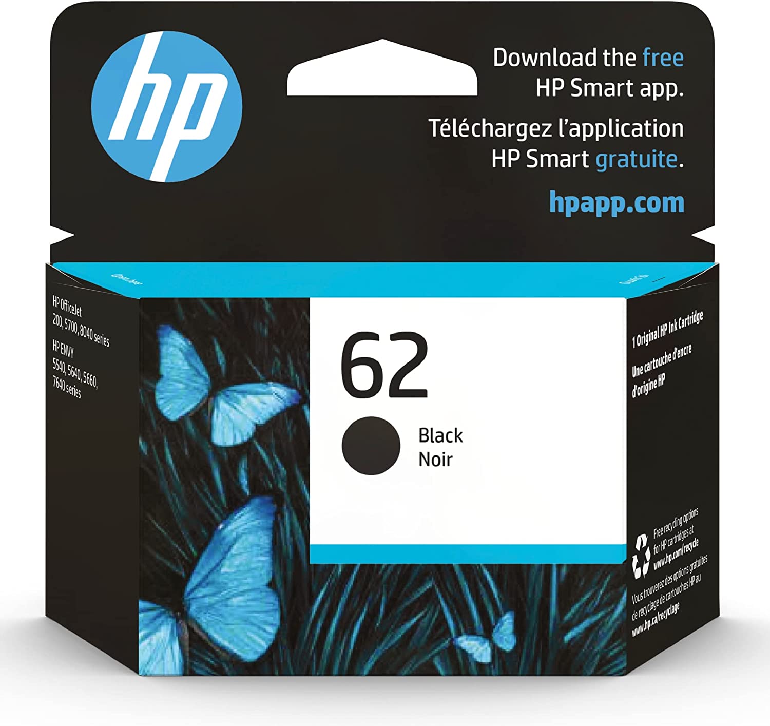 Original HP 62 Black Ink Cartridge | Works with HP ENVY 5540, 5640, 5660, 7640 Series, HP OfficeJet 5740, 8040 Series, HP OfficeJet Mobile 200, 250 Series | Eligible for Instant Ink | C2P04AN