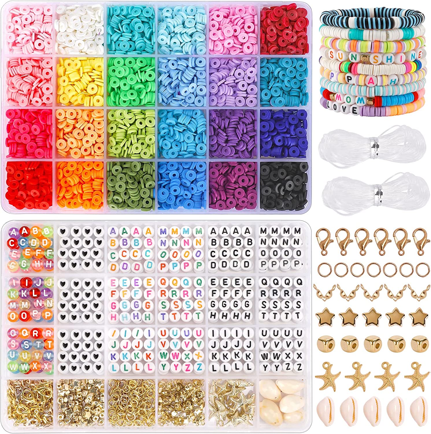Quefe 4400pcs Clay Heishi Beads Kit for Making Bracelets, with 520pcs Letter Beads, Polymer Flat Round Disc Beads Kit with Elastic String Pendant and Jump Rings, 24 Colors 6mm