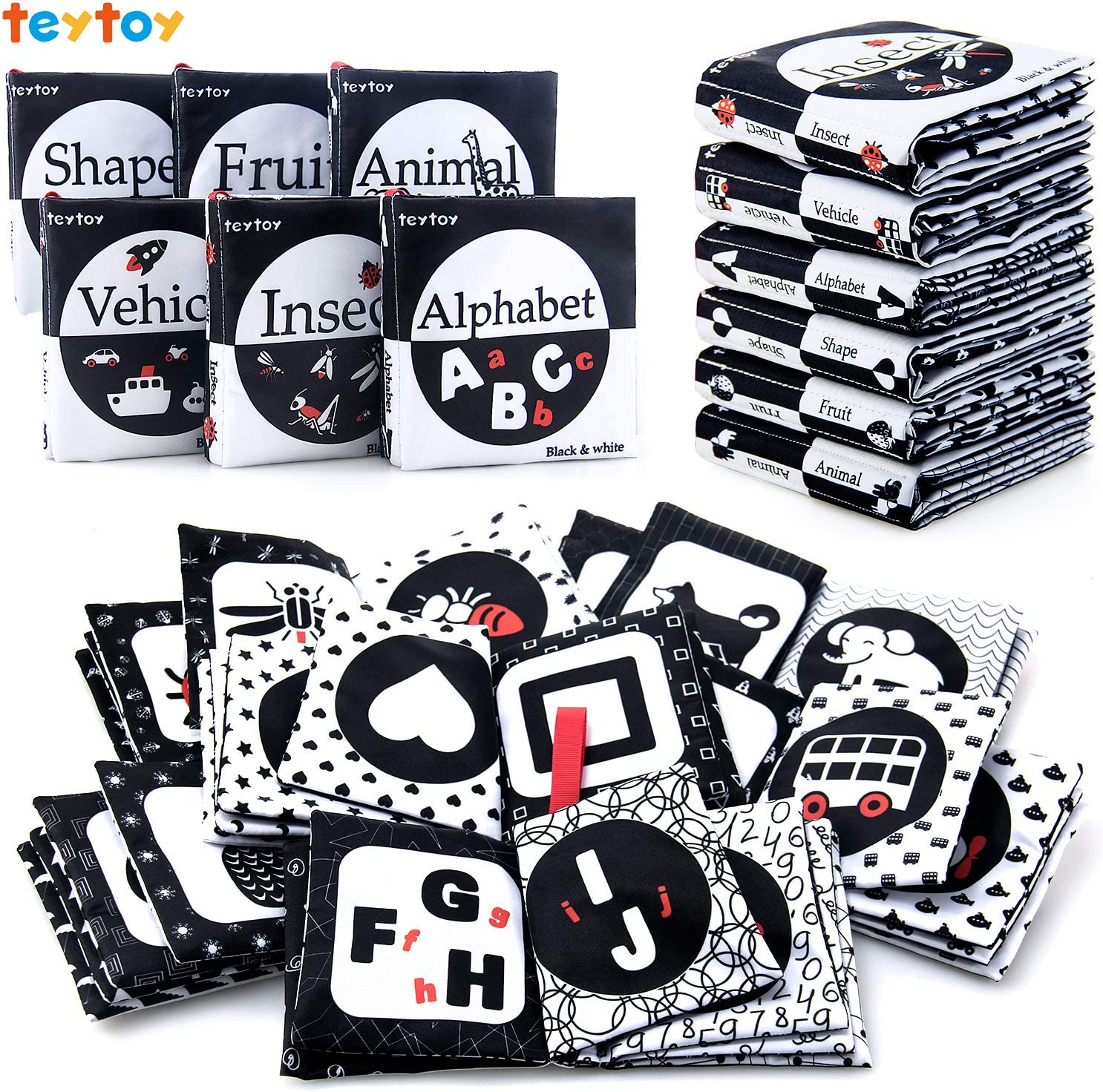 teytoy My First Soft Book, 6 PCS Nontoxic Fabric Baby Cloth Activity Crinkle Soft Black and White Books for Infants Boys and Girls Early Educational Toys Perfect for Baby Shower