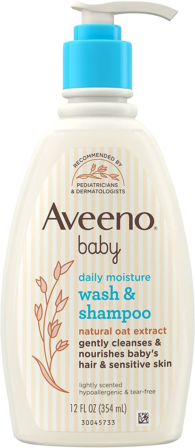Aveeno Baby Daily Moisture Gentle Body Wash & Shampoo with Oat Extract, 2-in-1 Baby Bath Wash & Hair Shampoo, Tear- & Paraben-Free for Hair & Sensitive Skin, Lightly Scented, 12 fl. oz