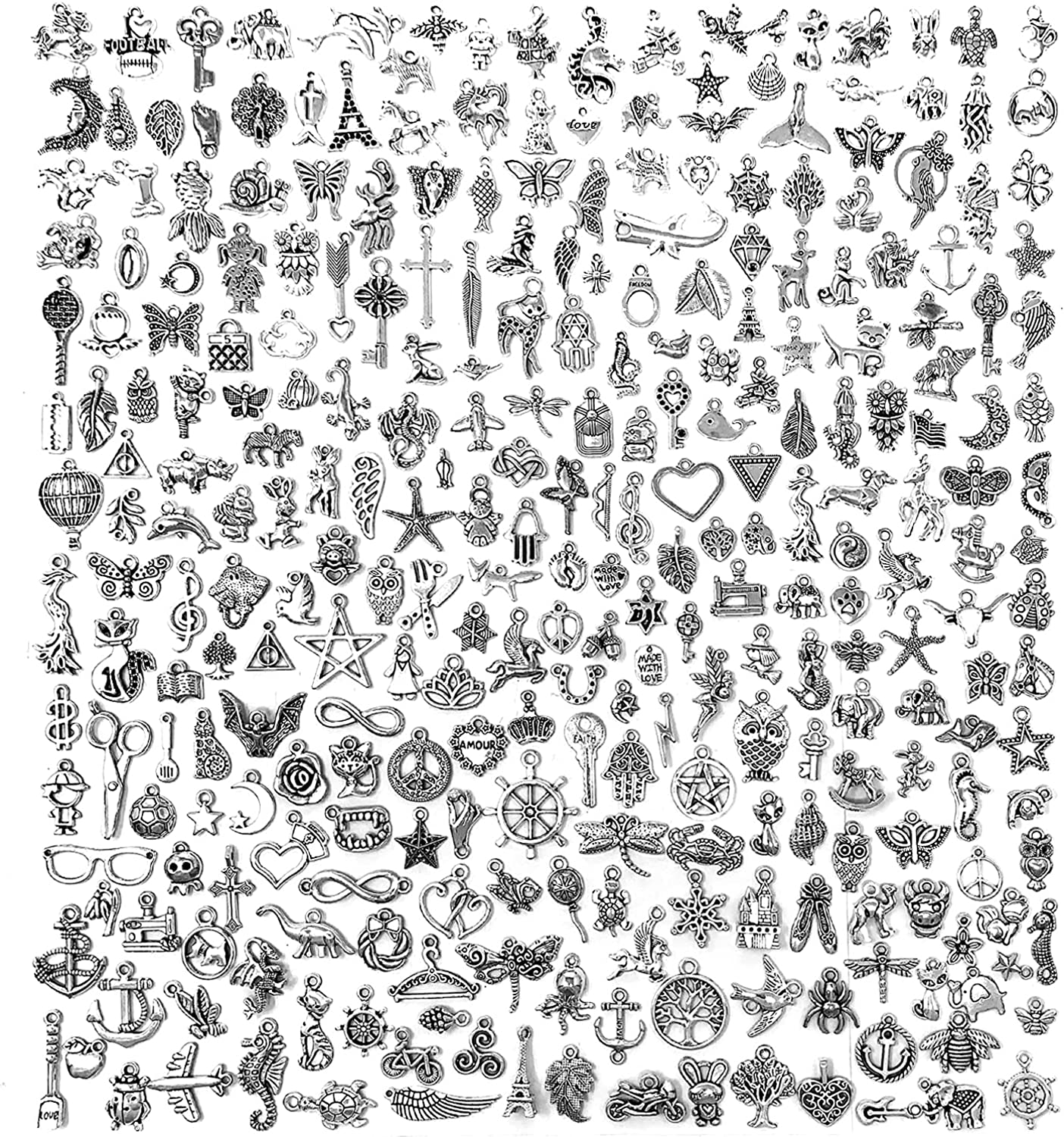 JIALEEY 300 PCS Wholesale Bulk Lots Jewelry Making Charms Mixed Smooth Tibetan Silver Alloy Charms Pendants DIY for Bracelet Necklace Jewelry Making and Crafting