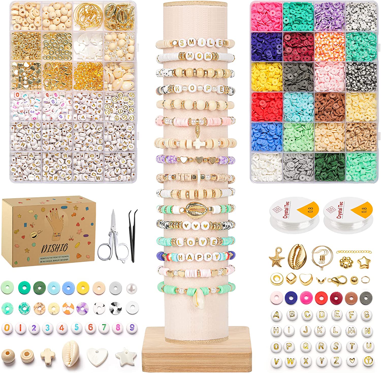 Bracelet Making Kit Clay Beads - DISHIO 2 Boxes Polymer Clay Beads for Jewelry Making, 24 Colors 6000Pcs with Letter Beads, DIY Jewelry Bracelet Beads, Crafts for Girls with Gift Pack