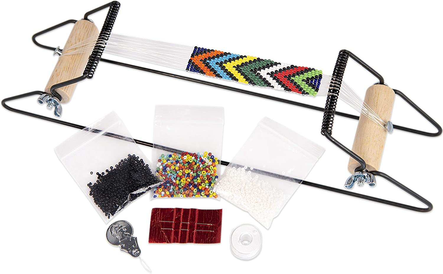 The Beadsmith Metal Bead Loom Kit, Includes Loom (12.5" x 2.5" x 3"), Thread, Needles, and 18 Grams Glass Beads for Bracelets, Necklaces, Belts, and More