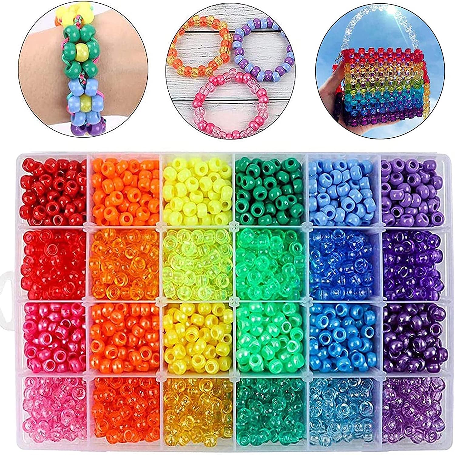 Quefe 2880pcs Pony Beads Kit Rainbow Beads Plastic Bead for Craft 6 x 9mm 24 Colors 4 Styles Large Hole Beads Set for Bracelets Jewelry Making