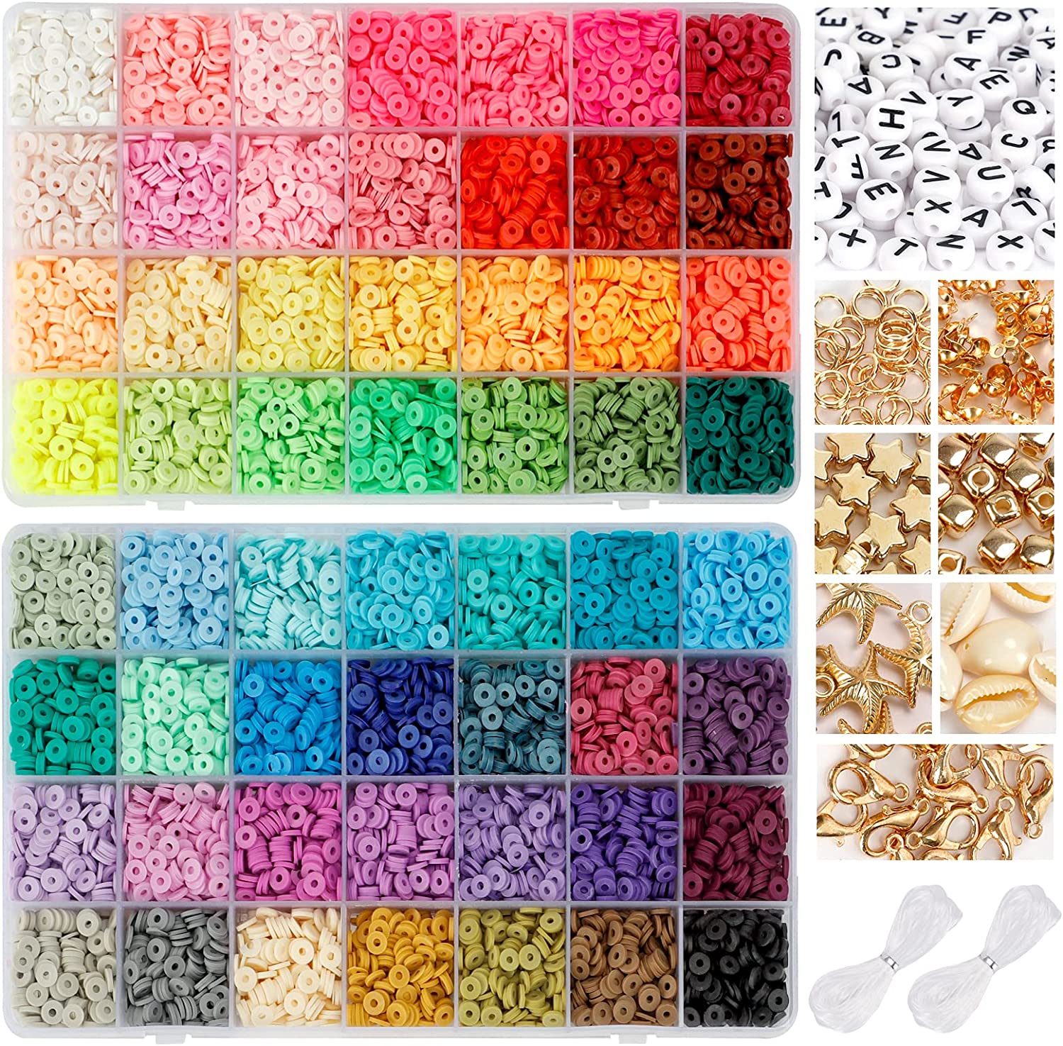 QUEFE 14420pcs Clay Beads for Bracelet Making Kit, 56 Colors Spacer Heishi Beads Flat Round Polymer Clay Beads with Pendant Charms Kits and Elastic Strings