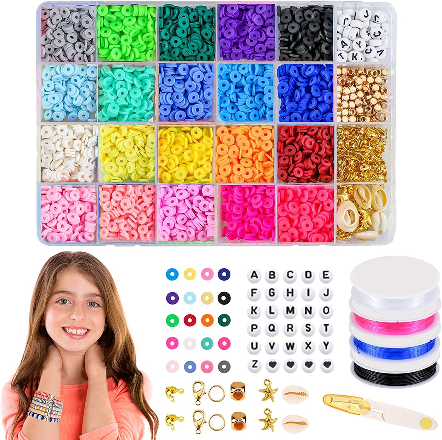 5000Pcs Clay Beads for Bracelets Making Kit, Flat Preppy Heishi Beads Polymer Clay Beads with Letter Beads, Pendant Charms and Elastic Strings for Jewelry Making Kit Bracelet Necklace Gift for Girls