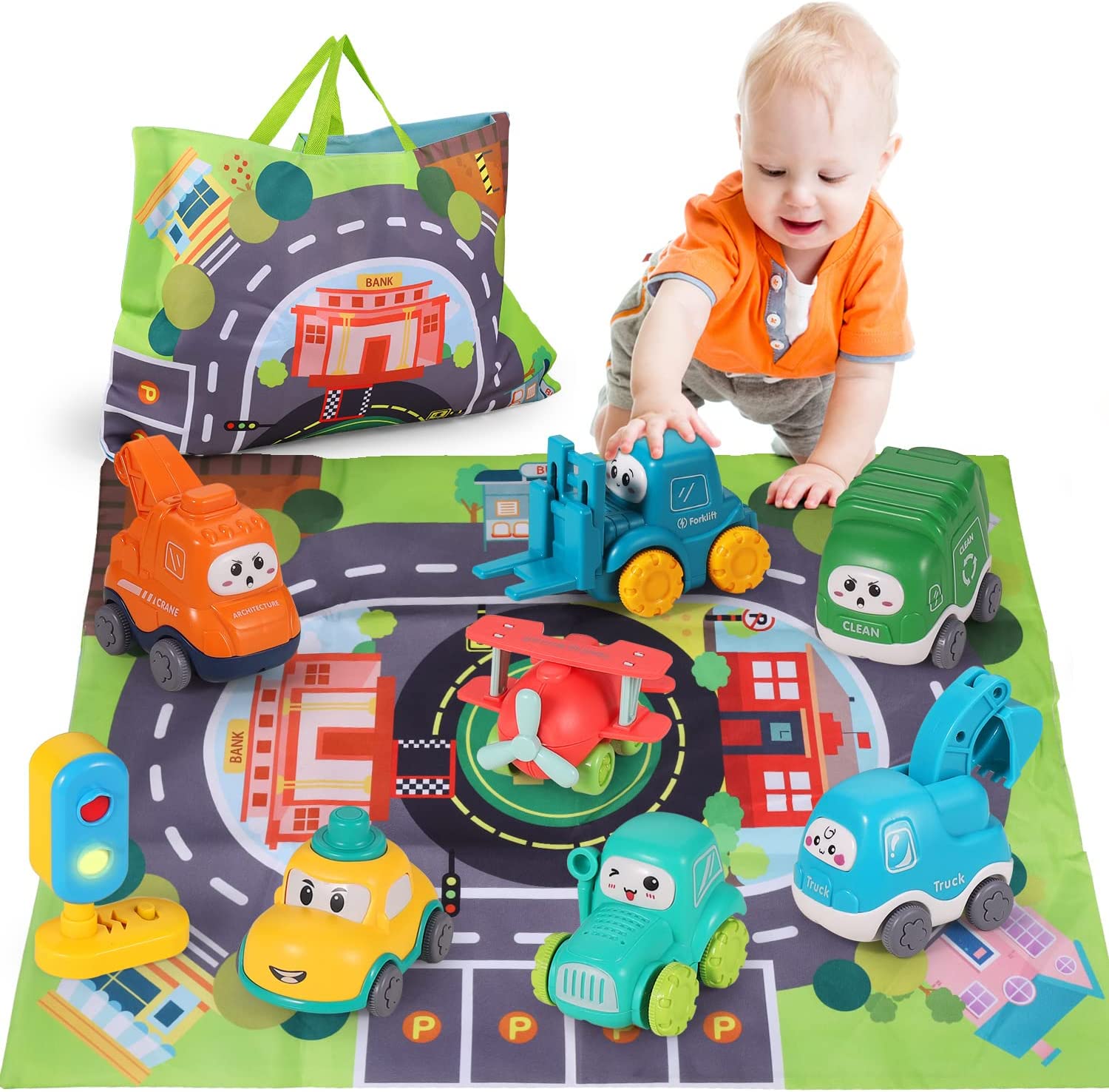 ALASOU 8 Sets Baby Truck Car Toy and Playmat/Storage Bag|Baby Toys 12-18 Months|Toys for 1 2 3 Year Old Boy|1st Birthday Gifts for Infant Toddlers