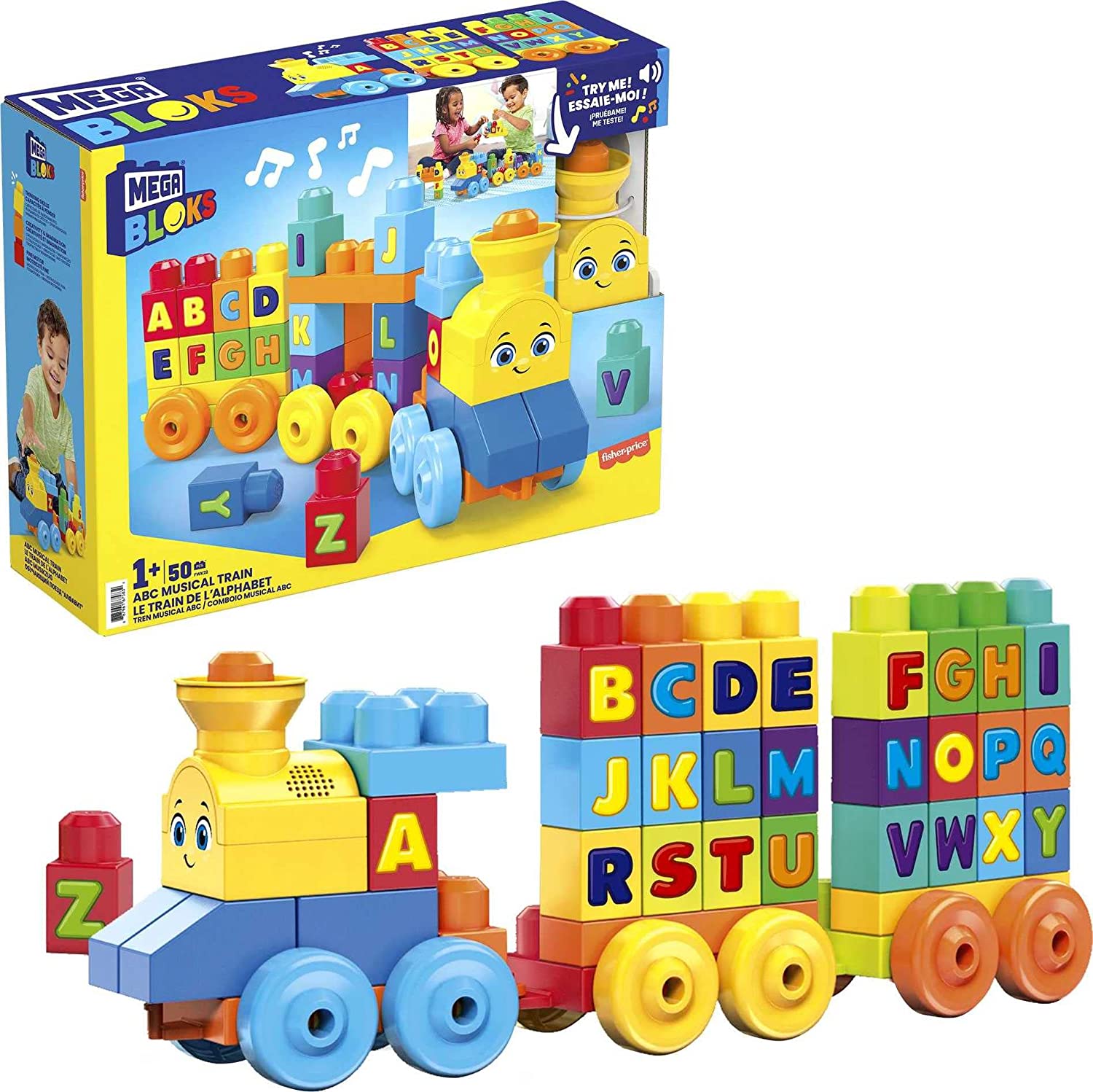 Mega Bloks First Builders ABC Musical Train with Big Building Blocks, Building Toys for Toddlers (50 Pieces)