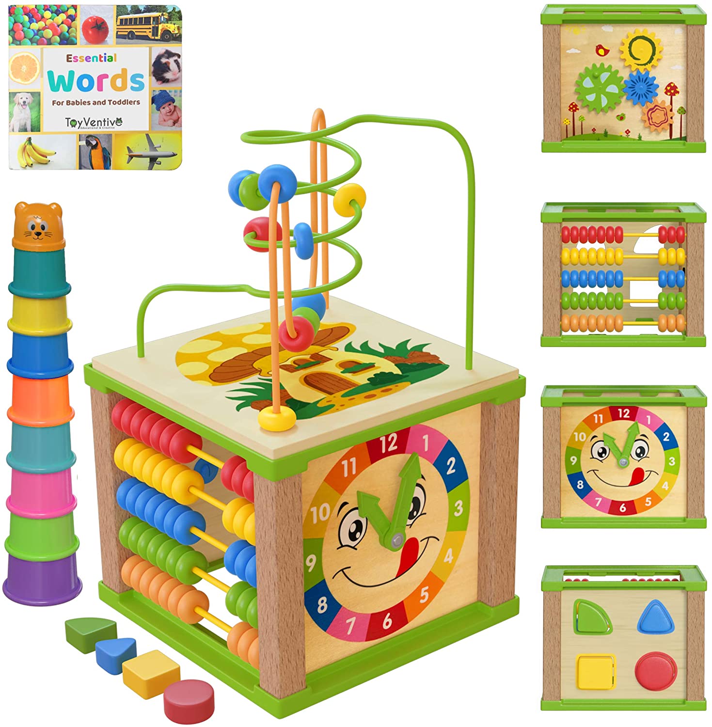 TOYVENTIVE Wooden Kids Baby Activity Cube - Boys Gift Set | One 1, 2 Year Old Boy Gifts Toys | Developmental Toddler Educational Learning Boy Toys 12-18 Months | Bead Maze, First Birthday Gift