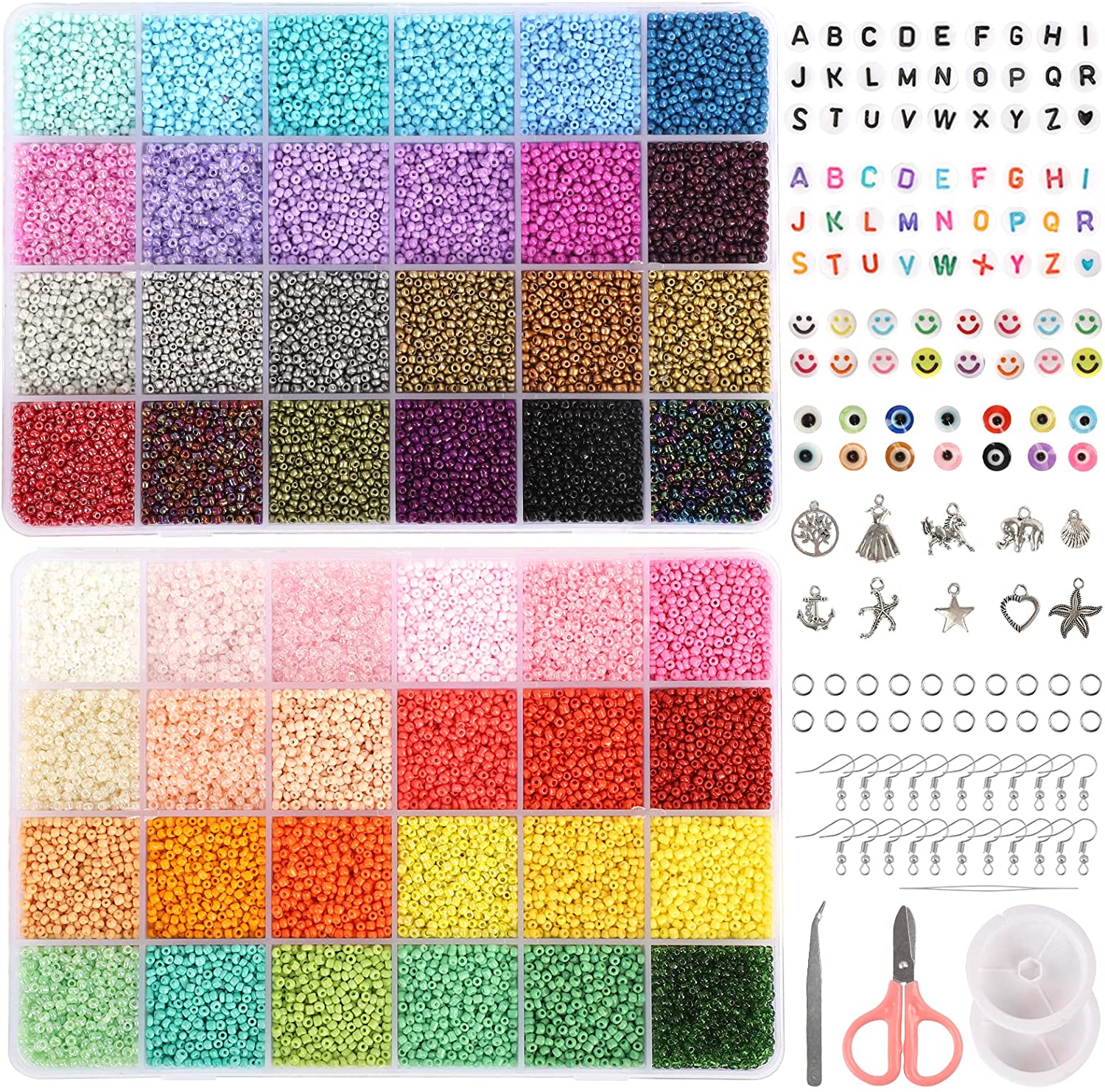 QUEFE 40000pcs 2mm Glass Seed Beads for Jewelry Making Kit, 440pcs Letter Beads, 100pcs Smiley Face Beads & 100pcs Evil Eye Beads for Bracelets Necklace Ring Making, DIY, Art and Craft