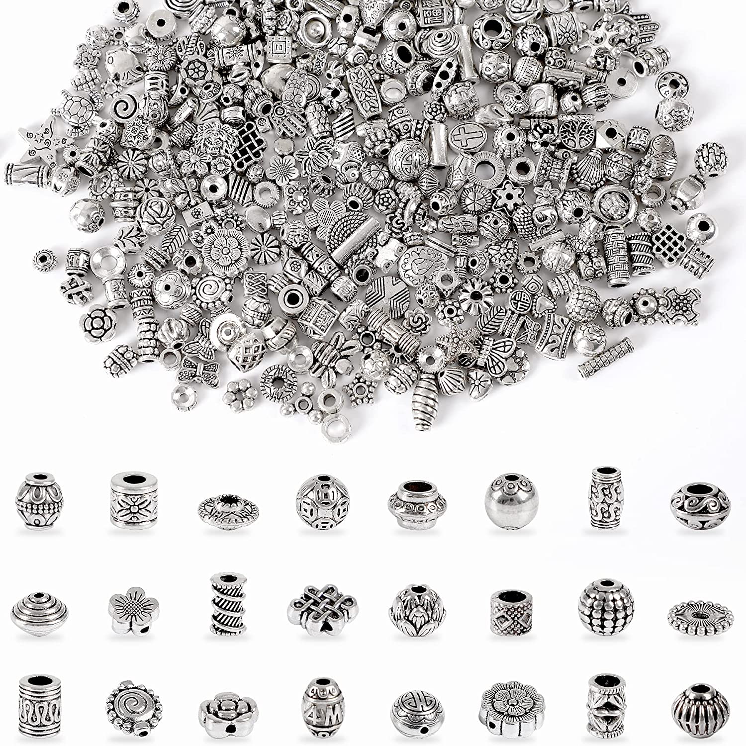 UPINS 300Pcs Silver Spacer Beads for Jewelry Bracelet Necklace Making Crafts Silver Beads Metal Alloy Beads Loose Spacer Beads with Radom Styles for DIY