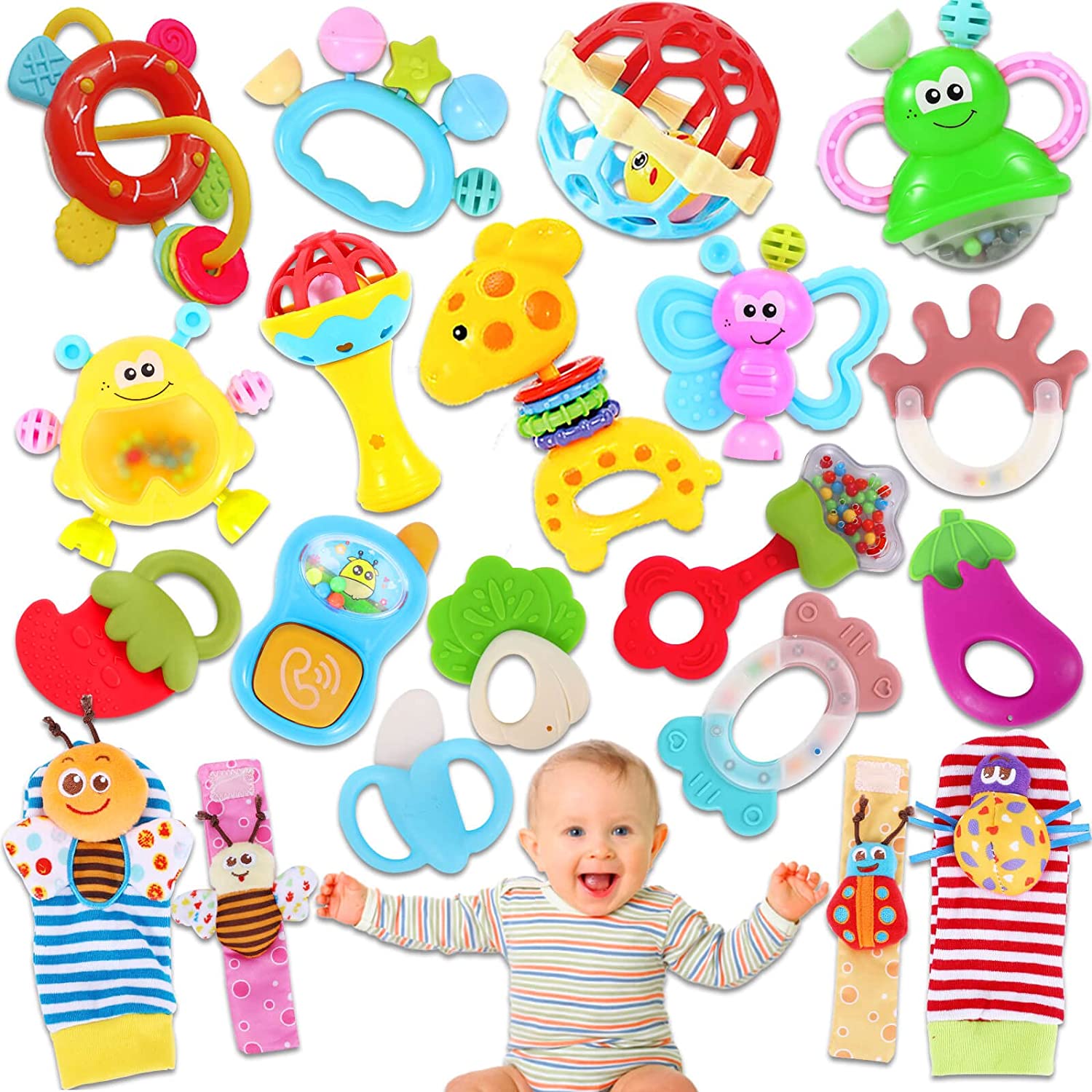20PCS Baby Rattles Toys for 0-12 Month Boy Girl, Gifts Set with Teething and Wrist Socks Rattle, Infant Newborn Sensory Toy