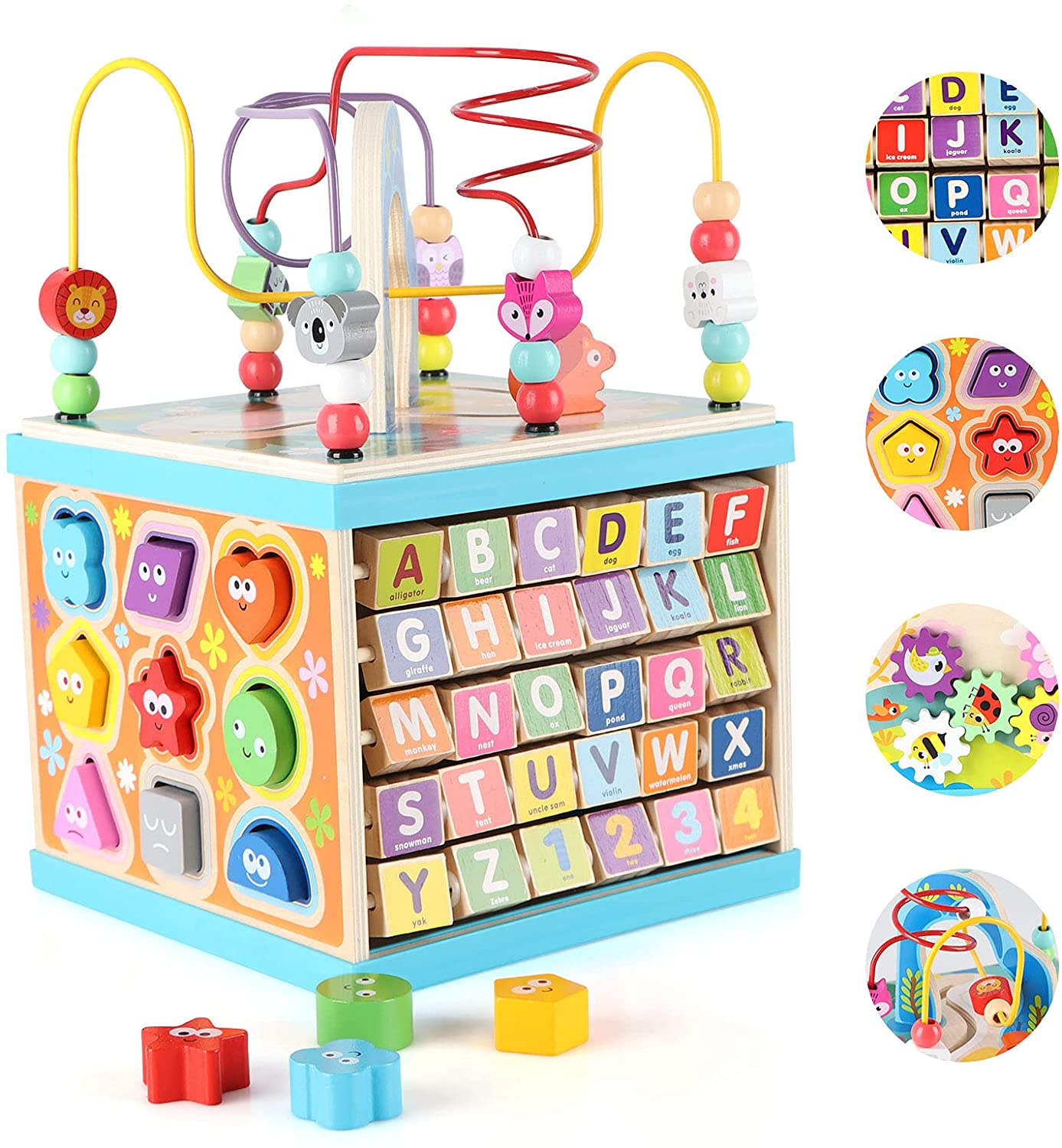 Qilay Wooden Baby Activity Cube for 1 2 3 Year Old Kids, 5 in 1 Multipurpose ABC-123 Abacus Bead Maze Shape Sorter | Early Educational Toy for Toddlers - First Birthday Gifts for Boys Girls