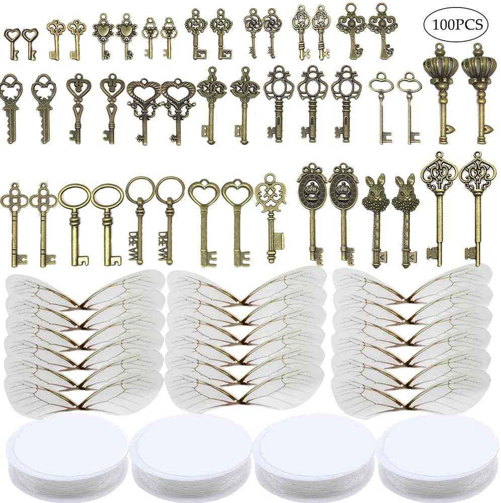 46 PCS Antique Bronze Vintage Skeleton Keys Charms Potter Flying Keys Enchanted Key With 50 Pairs Dragonfly Wings and 105 Yards Fishing Line For Jewelry Making Necklace Crafts
