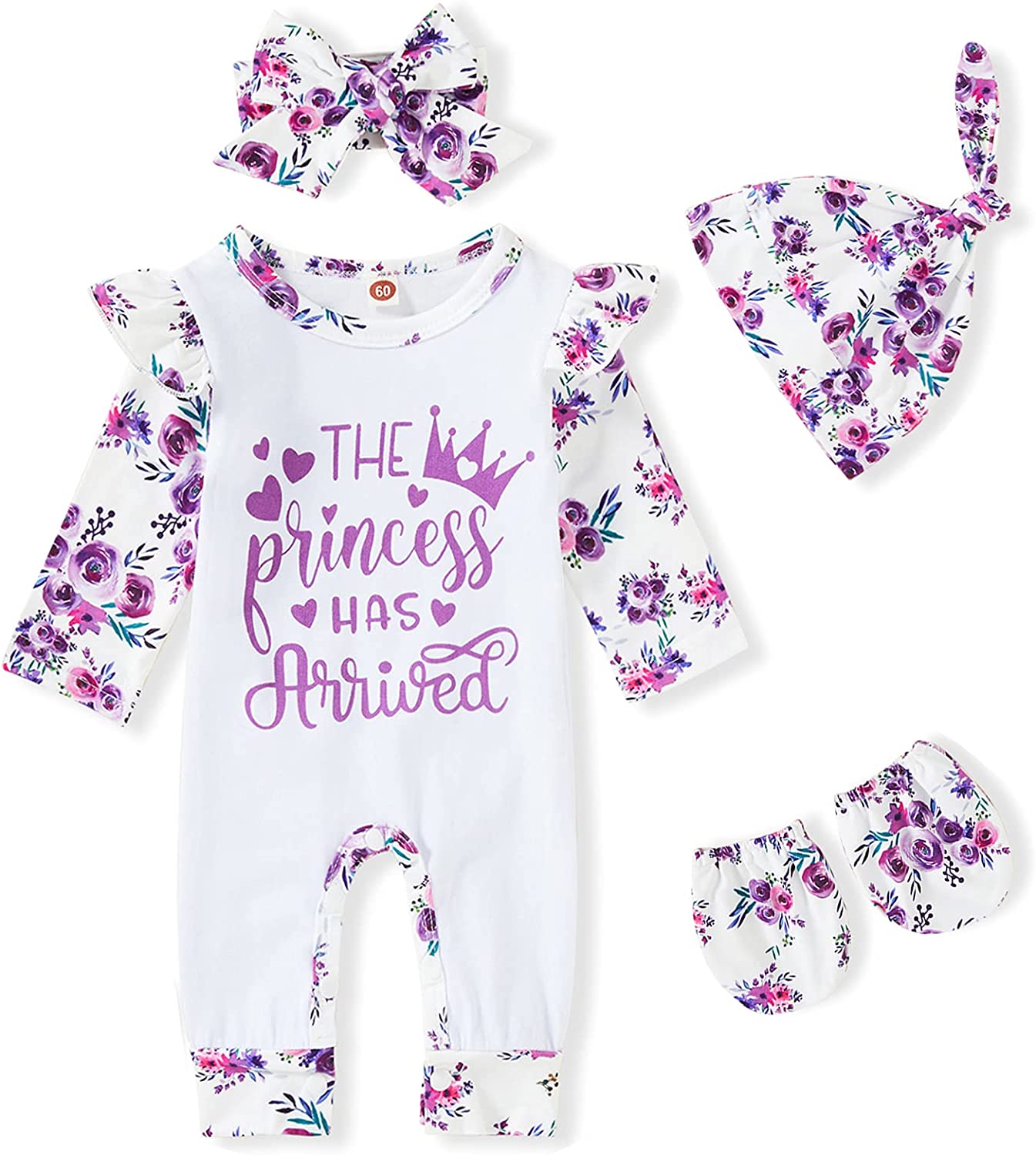 Newborn Baby Girl Romper Infant Letter Print Bodysuit Jumpsuit+Hat+Headband Coming Home Clothes Outfit