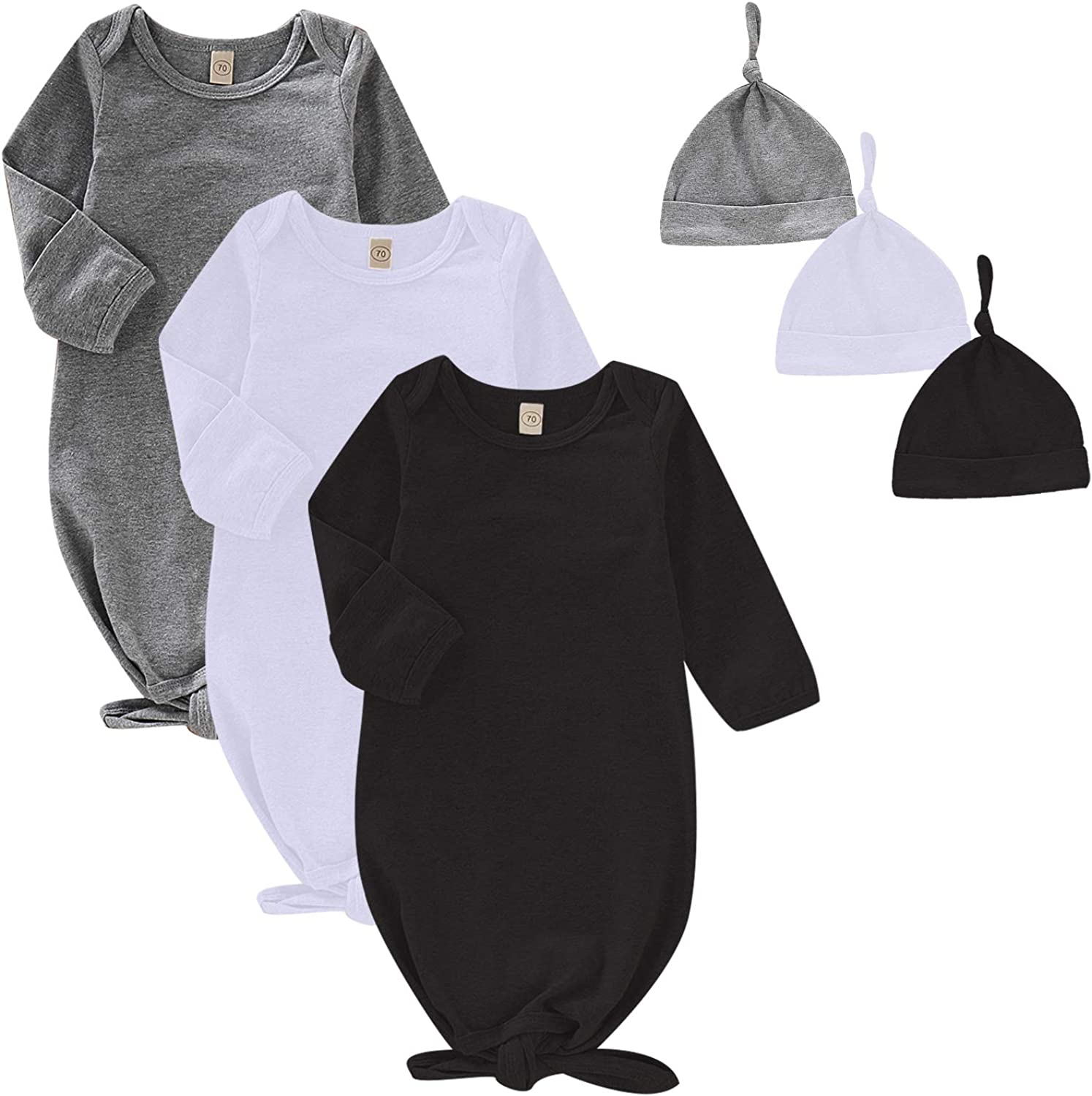 OPAWO Unisex Baby 3-Pack Cotton Sleeper Gowns with Mitten Cuffs and Matching Hat for Boys Girls