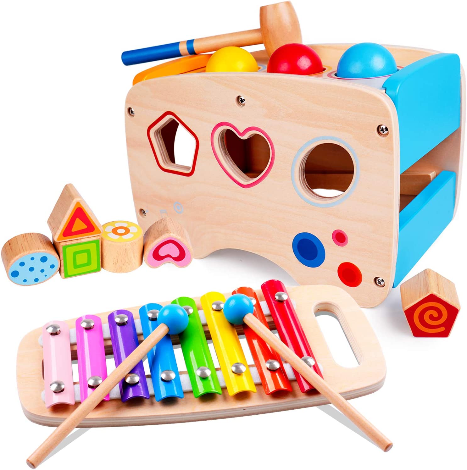 rolimate Hammering Pounding Toys Wooden Educational Toy Xylophone Shape Sorter, Birthday Gift for 1 2 3+ Years Boy Girl Baby Toddler Kids Developmental Montessori Learning Block Ball Toy Fine Motor