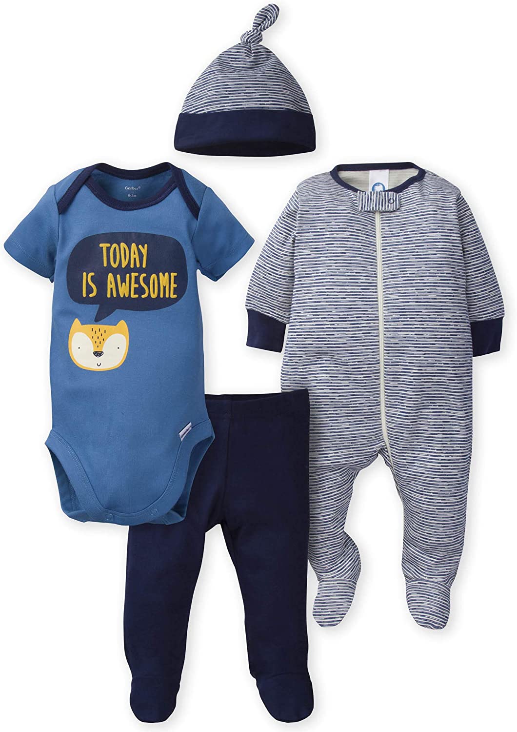 Gerber Baby Boys' 4-Piece Sleep 'N Play, Onesies, Pant and Cap