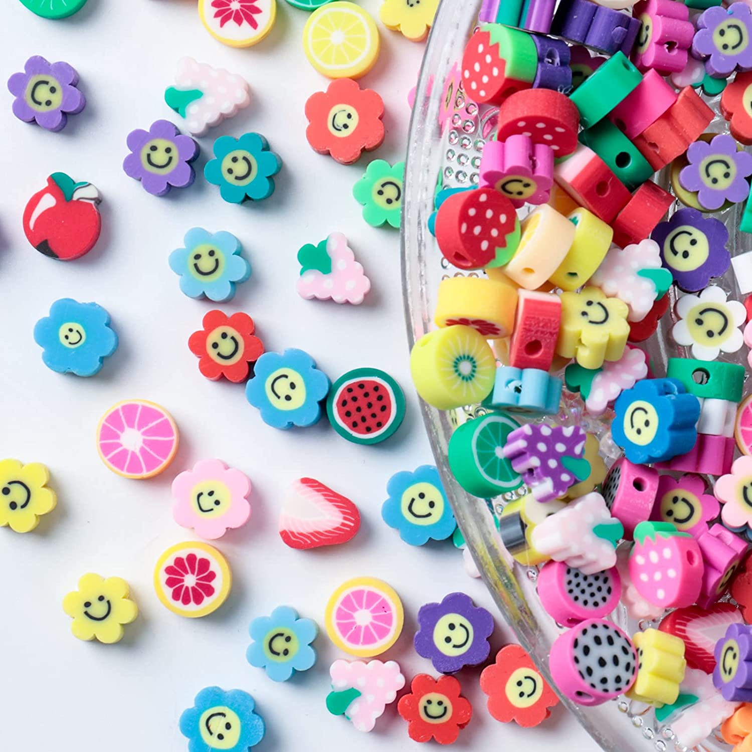 200pcs Mixed Fruit Spacer Beads Smiley Face Beads Color Polymer Clay Beads, for DIY Jewelry Bracelet Earring Necklace Craft Making Supplies