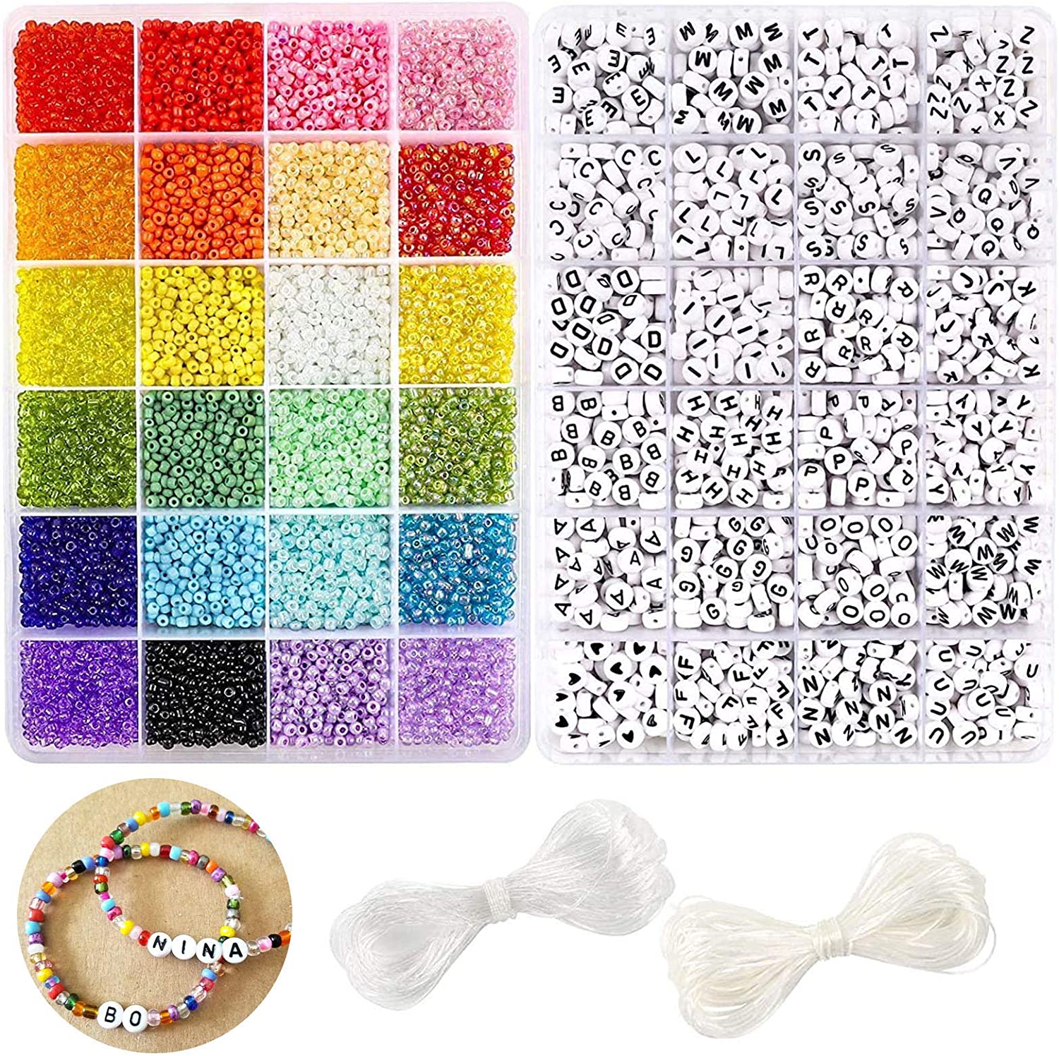 DICOBD Craft Beads Kit 10800pcs 3mm Glass Seed Beads and 1200pcs Letter Beads for Friendship Bracelets Jewelry Making Necklaces and Key Chains with 2 Rolls of Cord