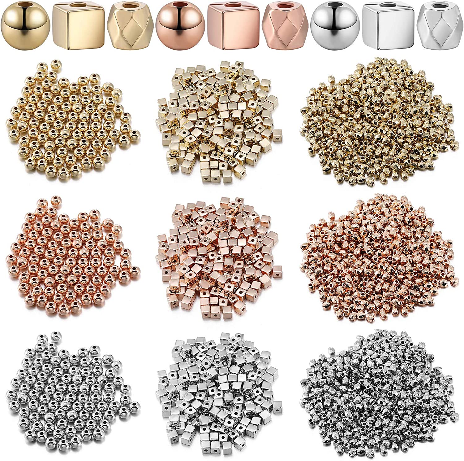 3000 Pieces Assorted Spacer Beads Include 1500 Faceted Rondelle Cube Spacer Column Bead, 900 Round Ball Spacer Bead, 600 Square Spacer Bead Charm Loose Bead for DIY Jewelry (Gold, Sliver, Rose Gold)