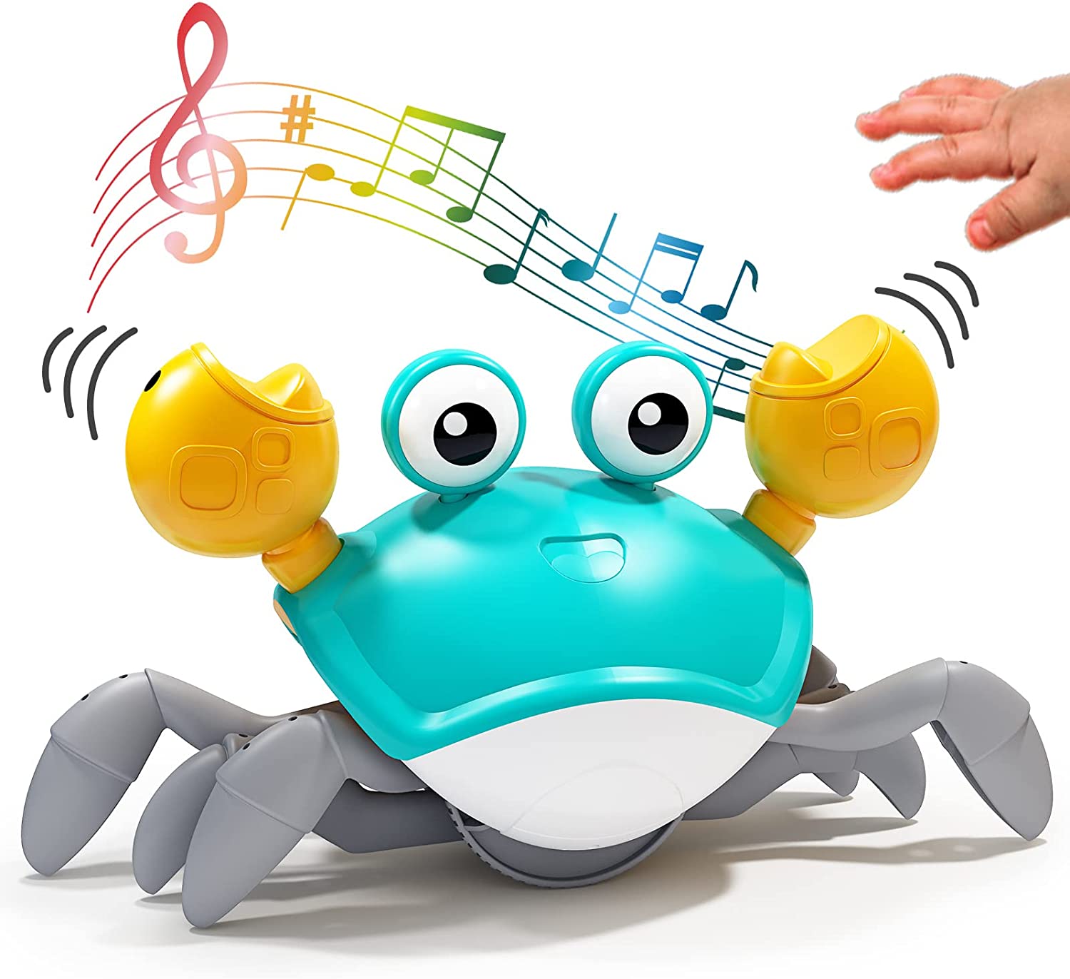 Deejoy Green Crawling Crab Toys with Light Up, Interactive Musical Toy with Automatically Avoid Obstacles, USB Rechargeable, Fun Moving Toy for Babies, Toddlers and Kids