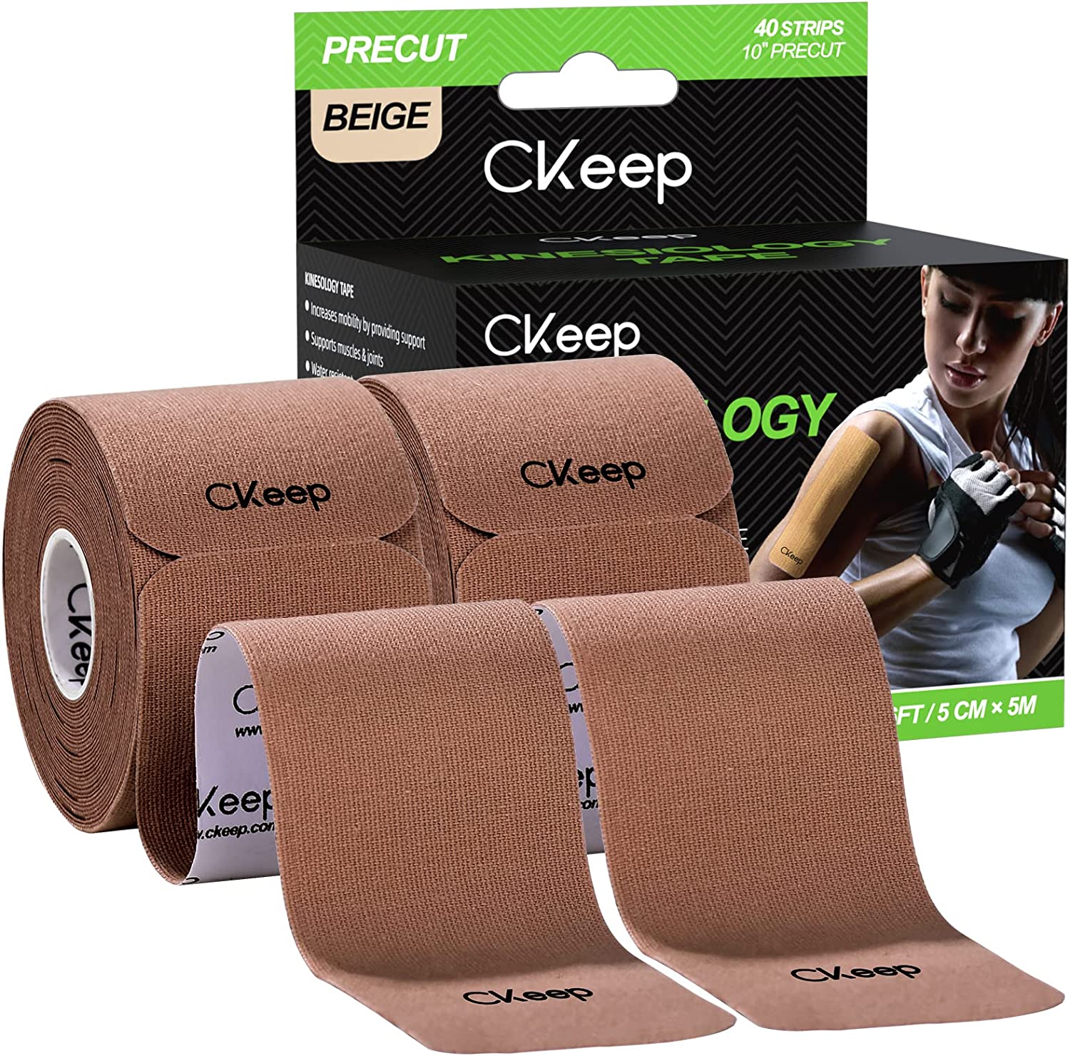 CKeep Kinesiology Tape (2 Rolls), Original Cotton Elastic Premium Athletic Tape,33 ft 40 Precut Strips in Total,Hypoallergenic and Waterproof K Tape for Muscle Pain Relief and Joint Support
