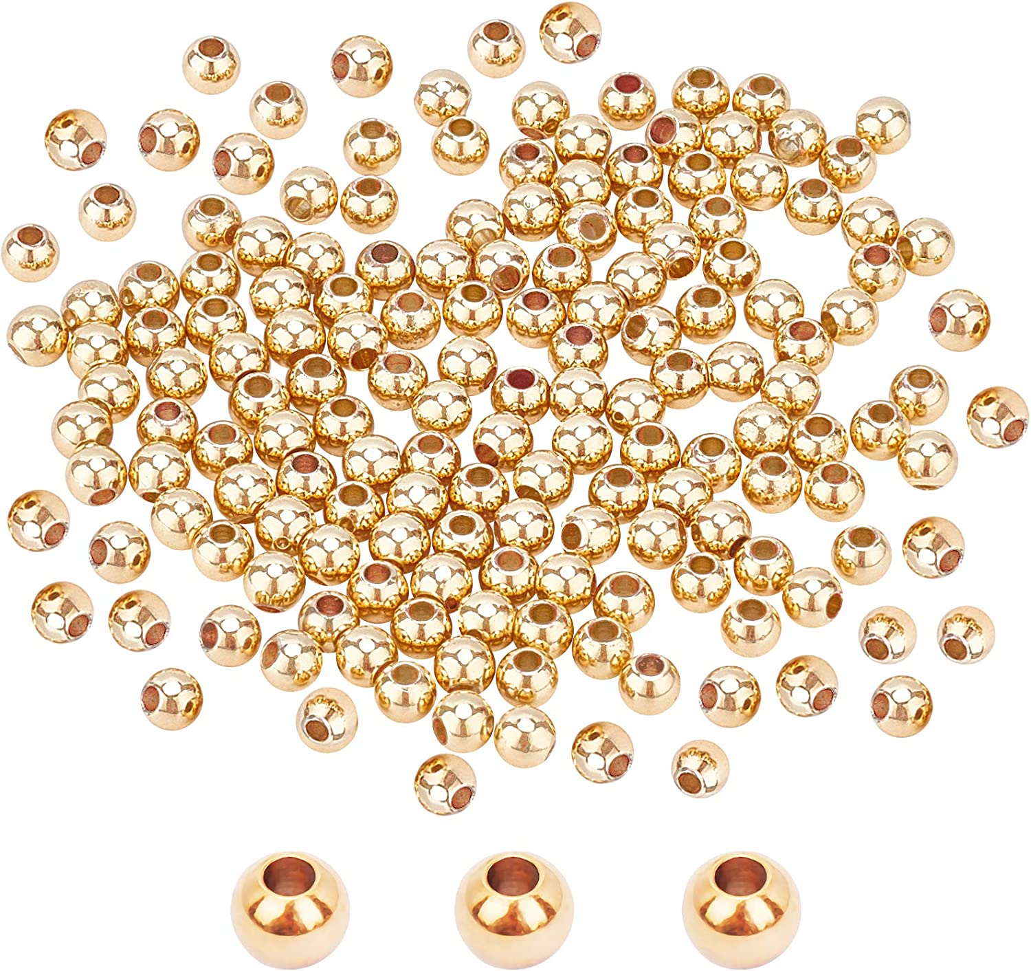 PH PandaHall 300pcs 4mm 14K Gold Plated Brass Beads Long-Lasting Round Smooth Spacer Beads Seamless Loose Ball Beads Gold Metal Beads for Summer Hawaii Stackable Necklace, Bracelet, Earring Making