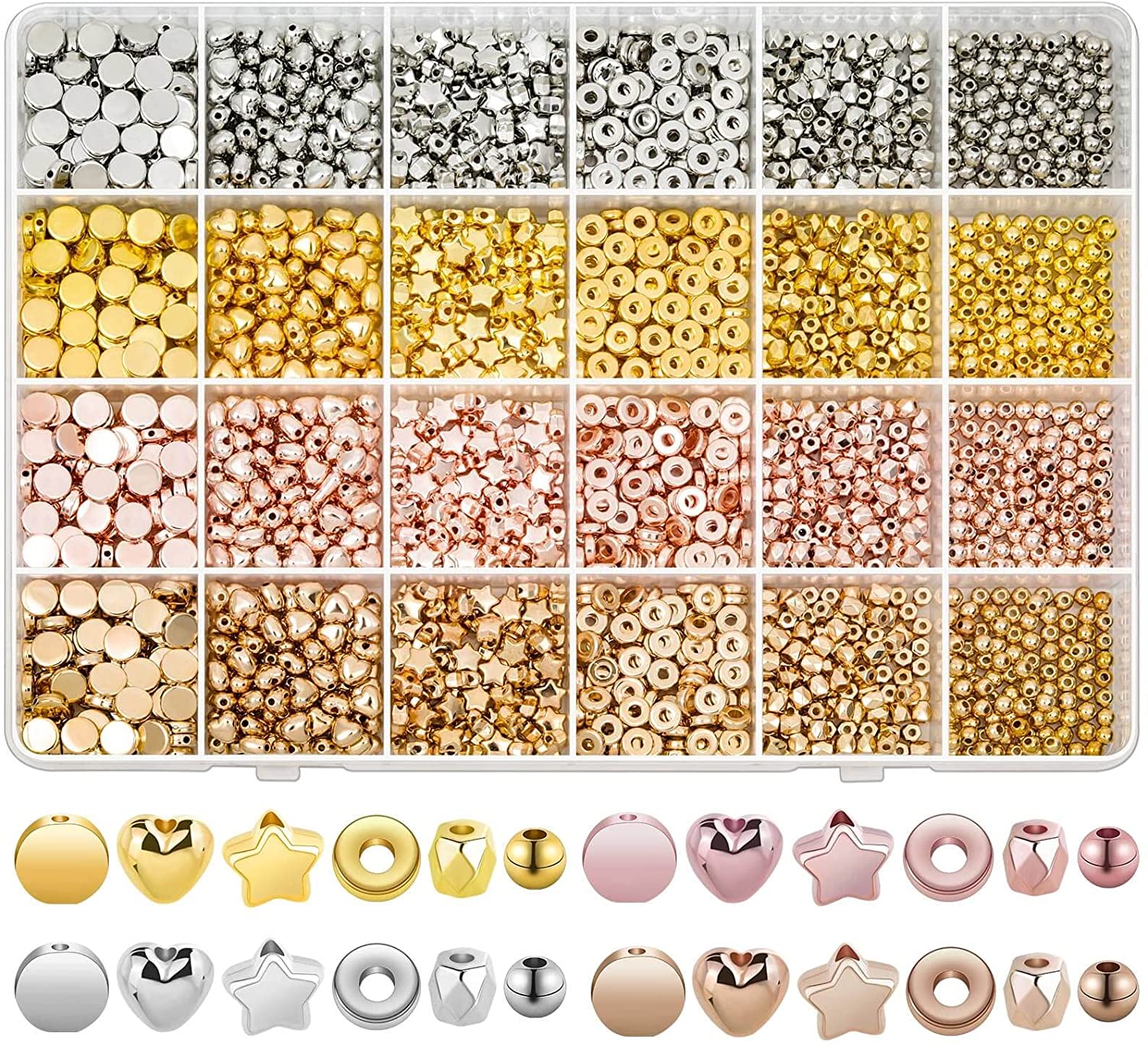 2160 Pieces Spacer Beads Set, Assorted Bracelet Beads Round Beads Star Beads Gold Beads for Bracelet Jewelry Making(Gold, Sliver, Rose Gold, KC Gold)