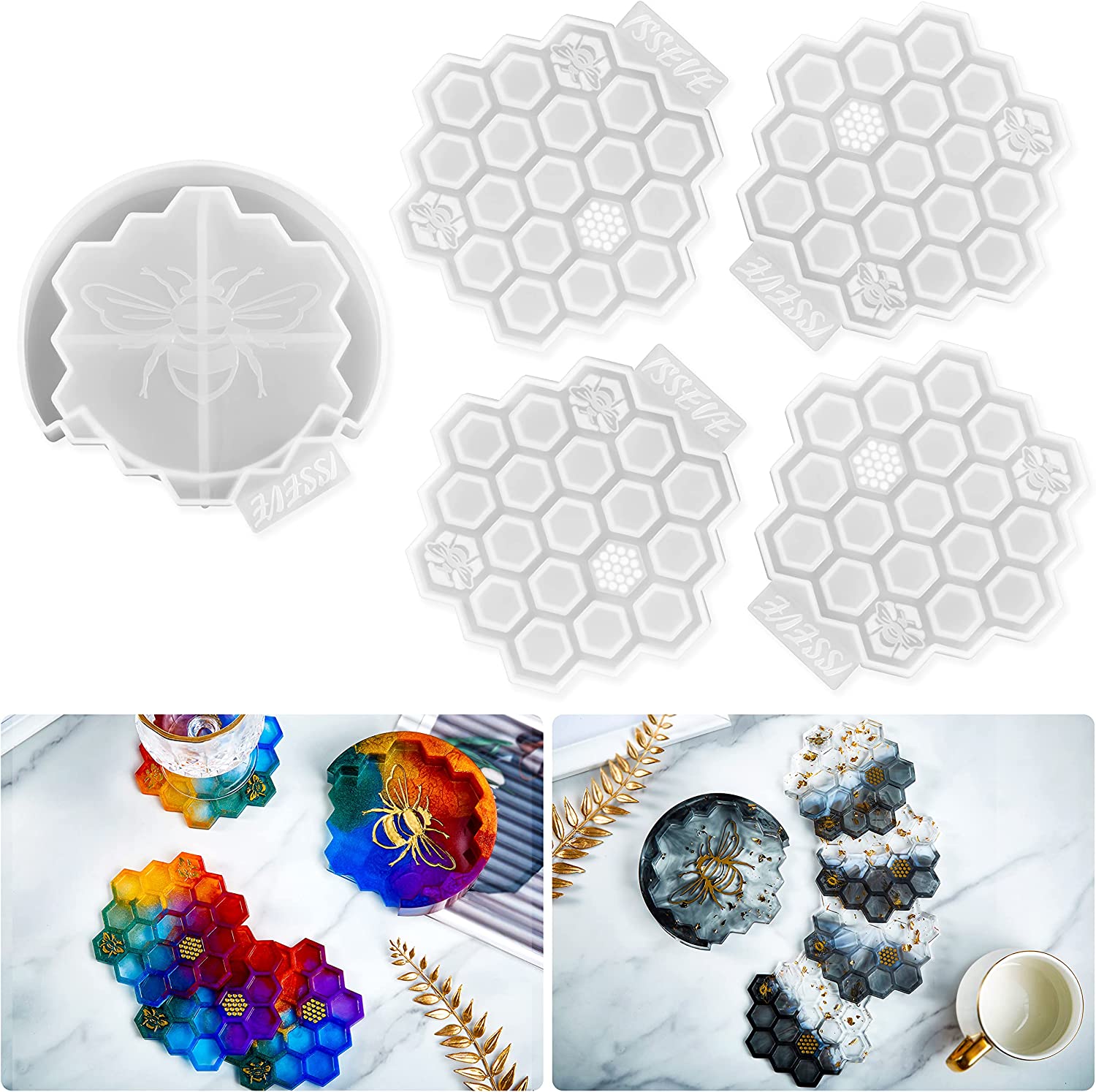 ISSEVE Honeycomb Coaster Resin Molds Set, 4Pcs Coaster Silicone Molds for Epoxy Resin with Storage Box Mold, Coaster Molds for Resin Casting, Epoxy Mold for DIY Resin Crafts, Cup Mats, Home Decoration