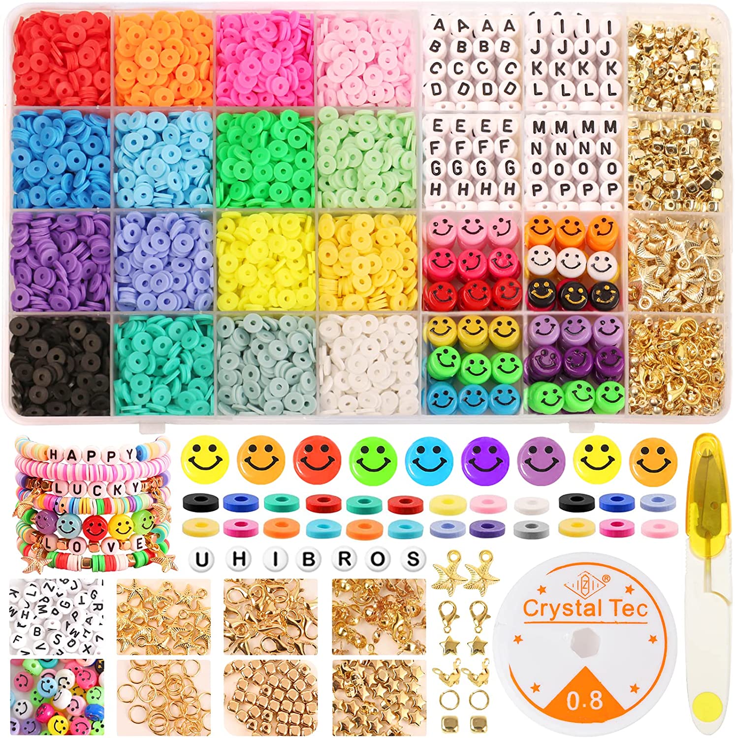 UHIBROS 5800 Pcs Clay Beads for Jewelry Making Kit with 200 Letter Beads 100 Smiley Face Beads Flat Polymer Heishi Beads DIY Arts and Crafts Kit,Gifts for Girls 6mm 16 Colors