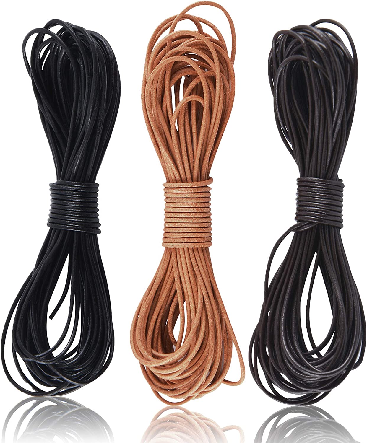 SOSMAR 3 Rolls 5.5 Yard X 1MM Cowhide Round Leather Cords Rope String for Jewelry Making Bracelet Necklace Jewelry Making Lanyards DIY Crafts, Black, Dark Brown, Natural Brown Genuine Leather Cord