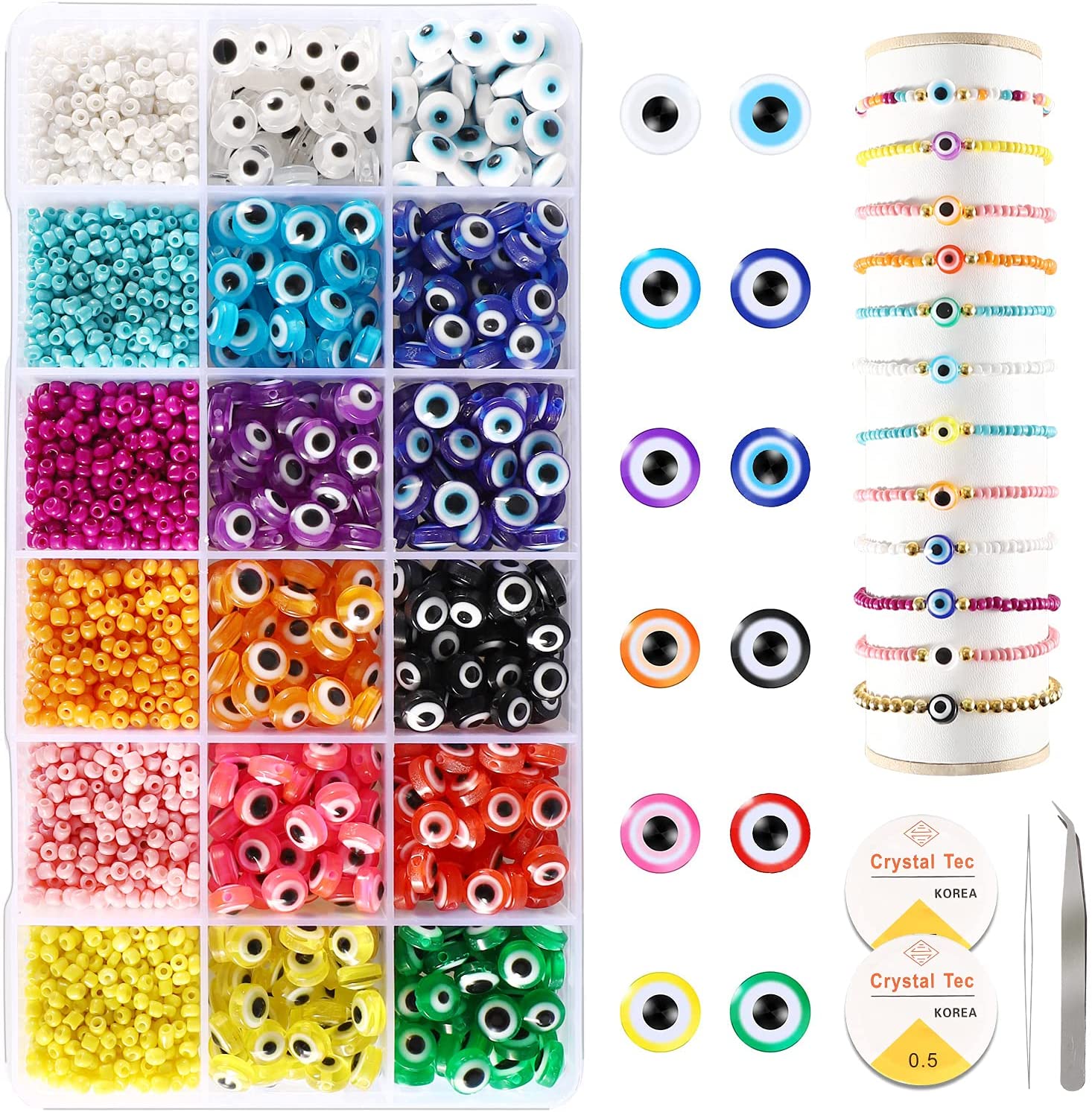 PHUNTTEK 2400pcs Seed Beads and Evil Eye Beads for Jewelry Making, 3mm Glass Seed Beads 8mm Flat Evil Eye Easter Beads Decors Colorful Bracelet Beads Kit for Bracelets Making DIY Beading Supplies