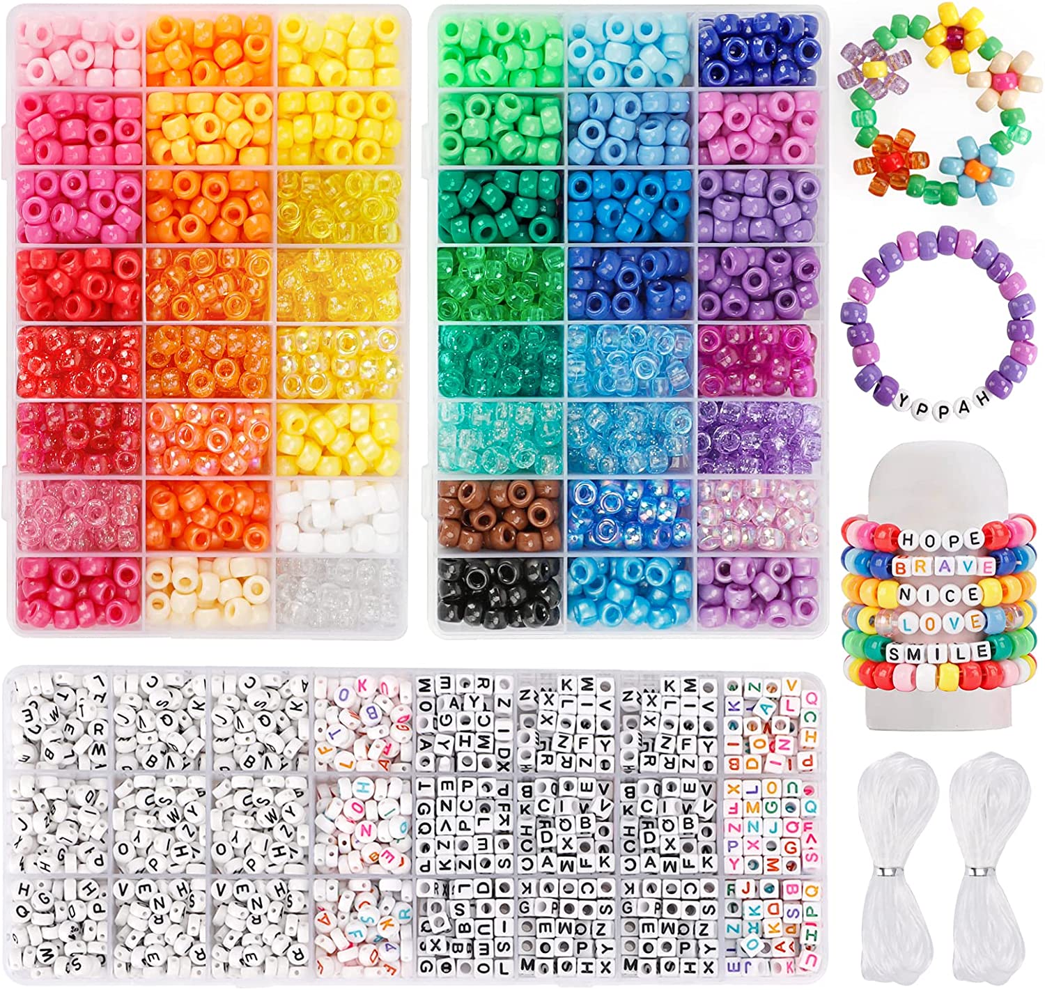 Quefe 3960pcs Pony Beads Craft Bead Set, 2400pcs Rainbow Beads in 48 Colors and 1560pcs Letter Beads with 20 Meter Elastic Threads for Bracelet Jewelry Necklace Making