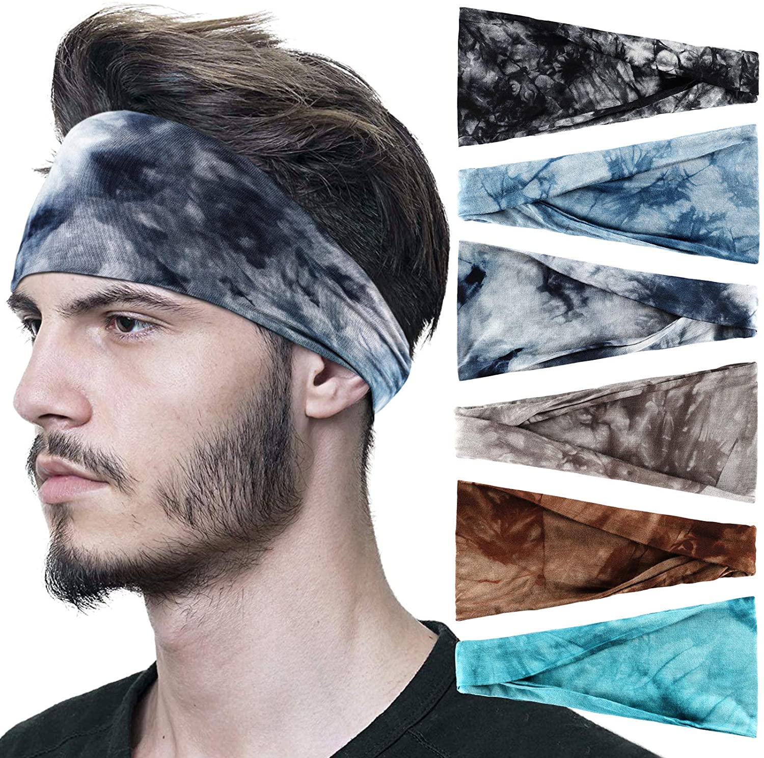 6 Pack Sports Headbands for Men, OFFTESTY Lightweight Mens Hairband Stretchy Moisture Wicking Workout Sweatbands