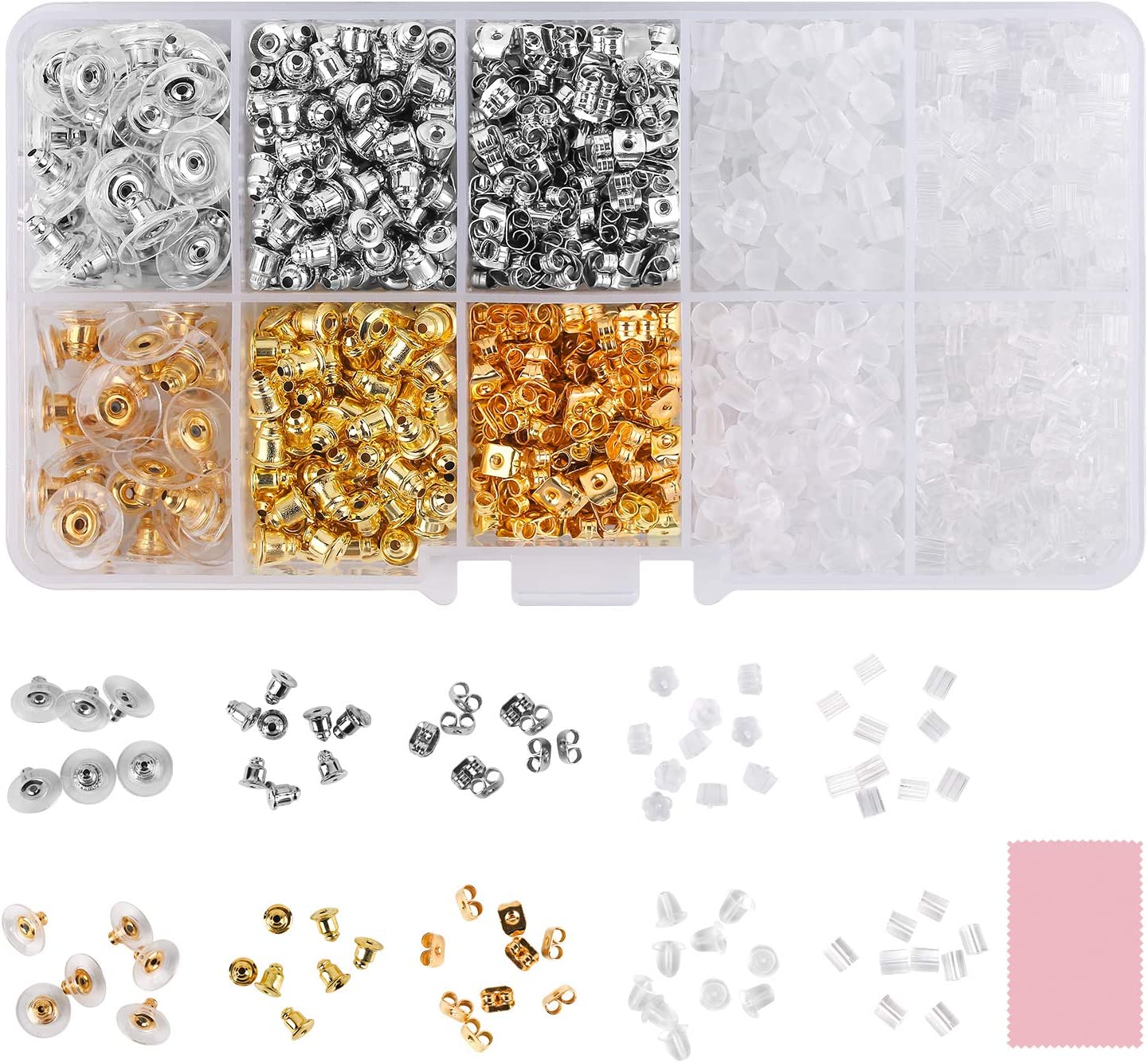 1200Pcs Earring Backs, Earring Backings iBayam 10 Styles Earring Back Clips Earring Backs Butterfly Metal Rubber Plastic Secure Earring Backs for Safety (1200PCS/600Pairs)