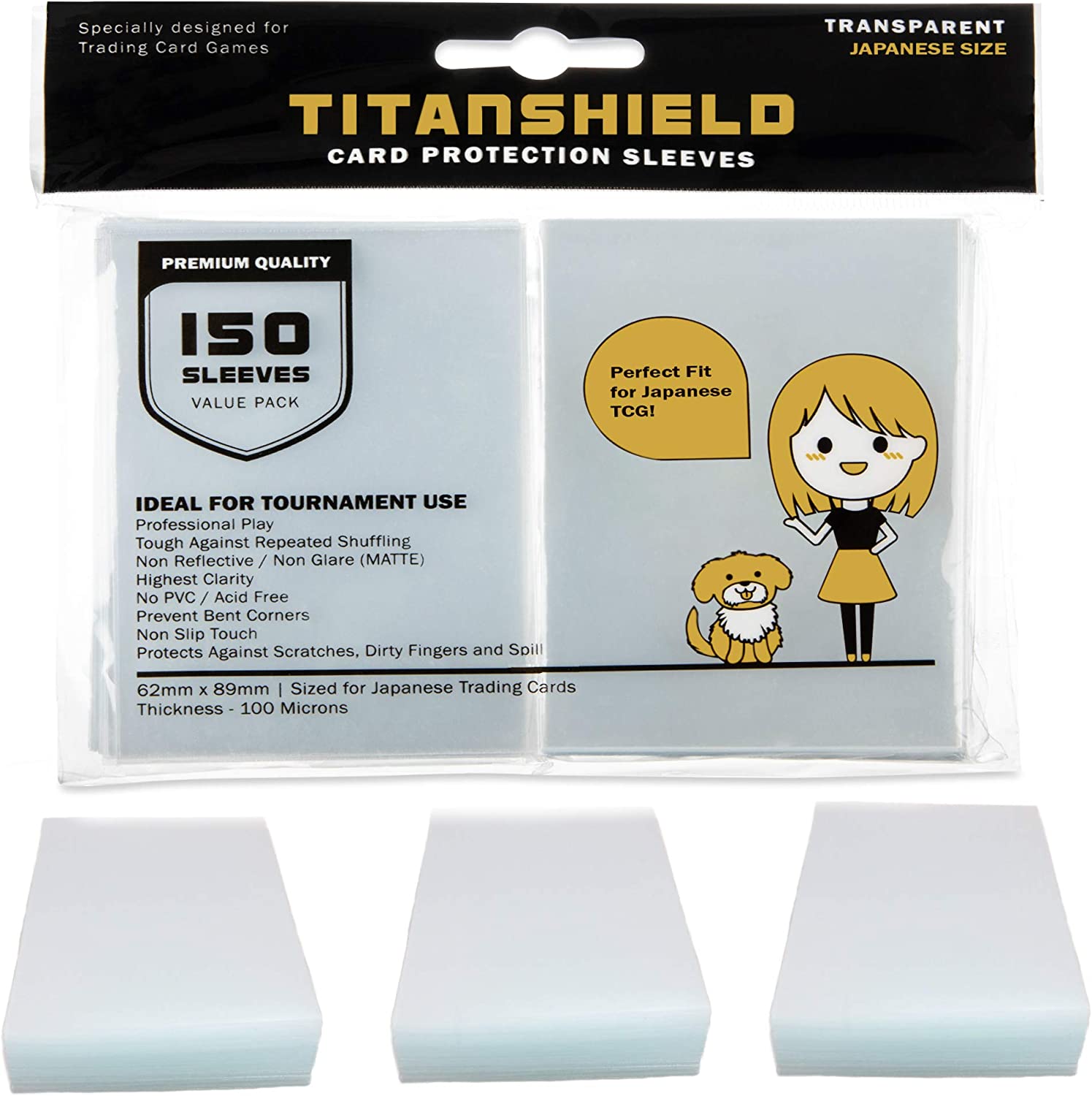 TitanShield (150 Sleeve/Clear) Small Japanese Sized Trading Card Sleeves Deck Protector for Yu-Gi-Oh, Cardfight!! Vanguard & Photocards