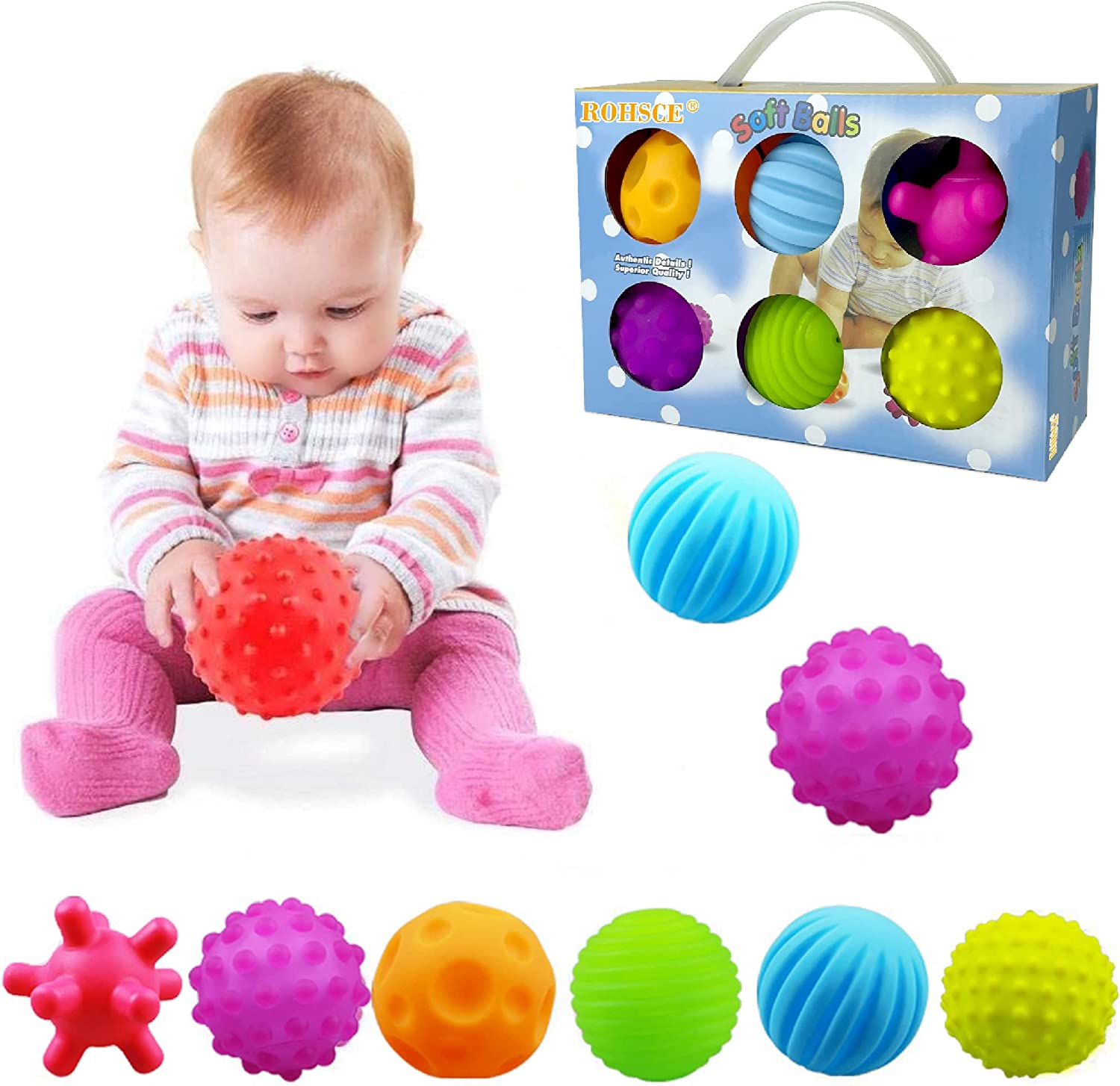 Sensory Balls for Baby Sensory Baby Toys 6 to 12 Months for Toddlers 1-3, Bright Color Textured Multi Soft Ball Gift Sets, Montessori Toys for Babies 6-12 Months Infant 0-6 Months by ROHSCE(6 Pack)