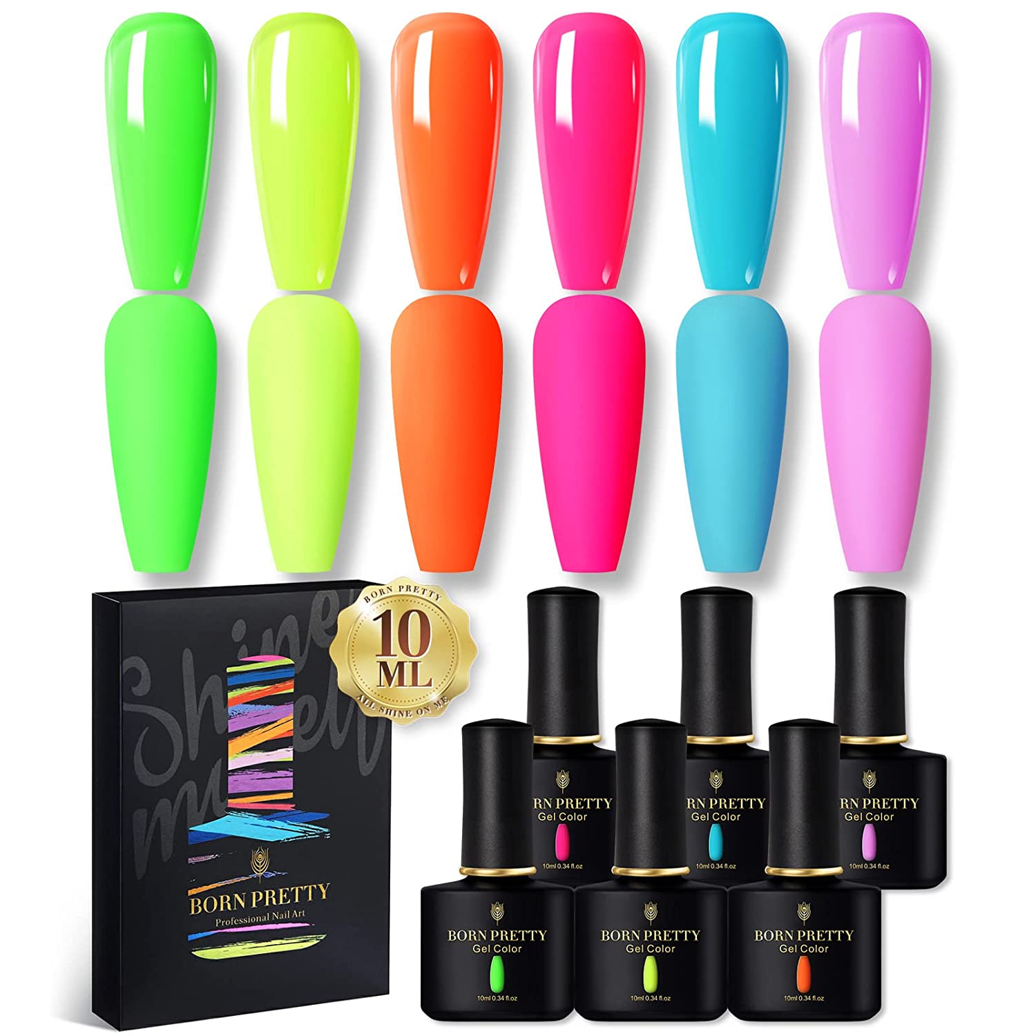 BORN PRETTY Neon Gel Nail Polish Set Fluorescent Gel polish Orange Hot Pink Blue Yellow Green Purple Vibrant Spring Summer Gel Polish Soak Off UV LED Gel Nail Polish Nail Art Manicure 6PCS 10ML