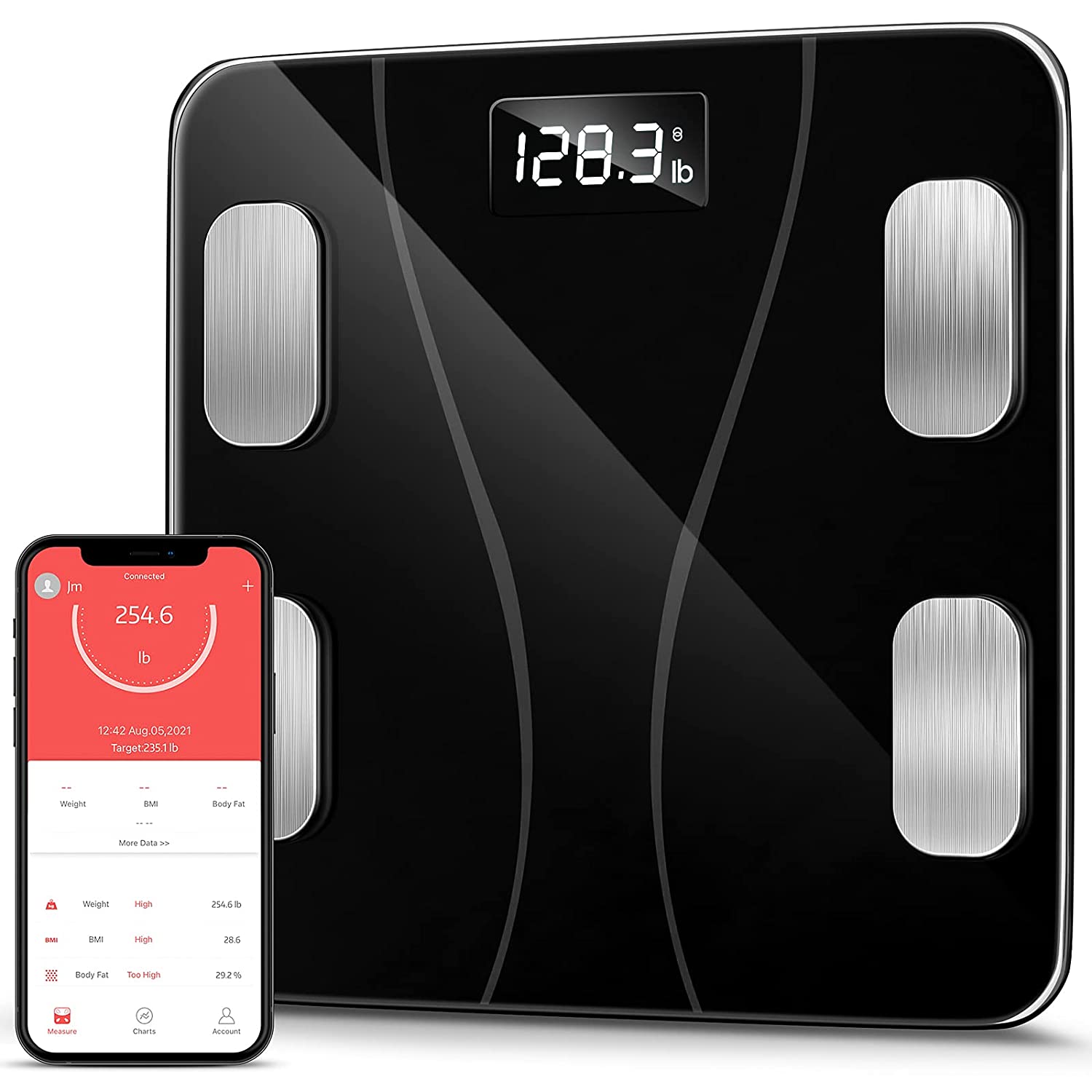 Bluetooth Body Fat Scale, Smart Wireless BMI Digital Bathroom Weight Scale Body Composition Monitor Health Analyzer with Smartphone App for Body Weight, Fat, Water, BMI, BMR (Black)