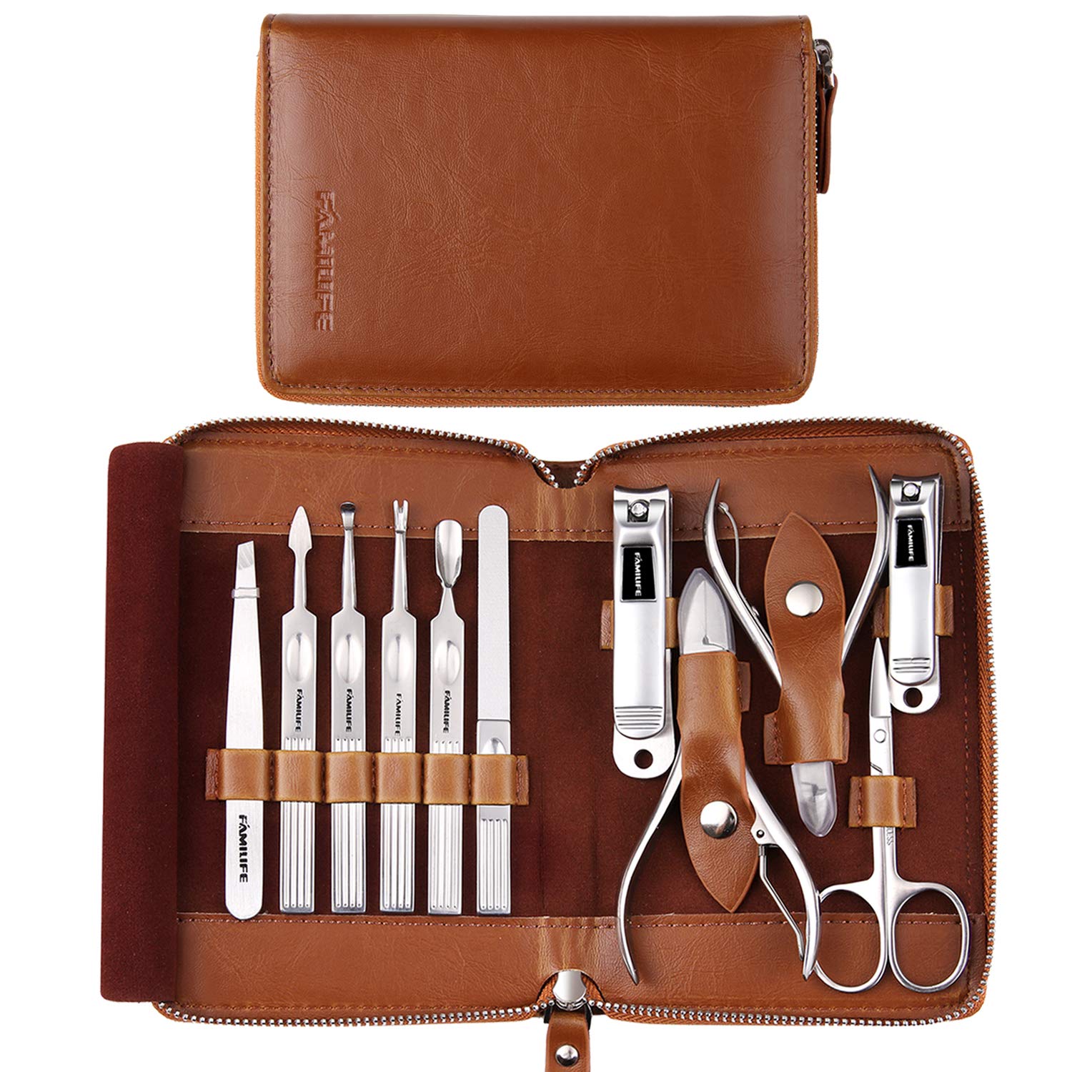 Manicure Set, FAMILIFE Professional Manicure Kit Nail Clippers Set 11 in 1 Stainless Steel Pedicure Tools Kit Grooming Kit with Portable Brown Leather Travel Case for Men L18