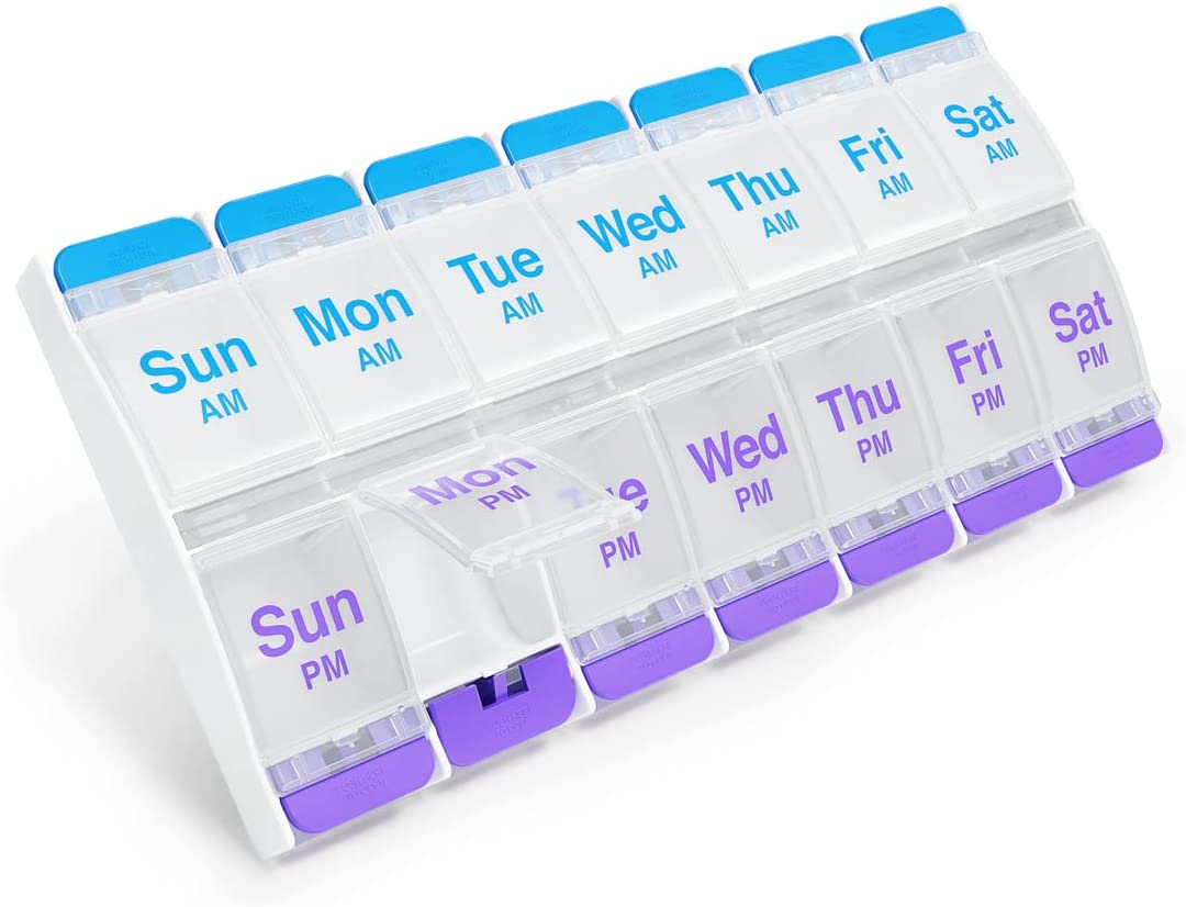 EZY DOSE Push Button (7-Day) Pill, Medicine, Vitamin Organizer | Weekly, 2 Times a Day, AM/PM | Large Compartments | Arthritis Friendly | Clear Lids