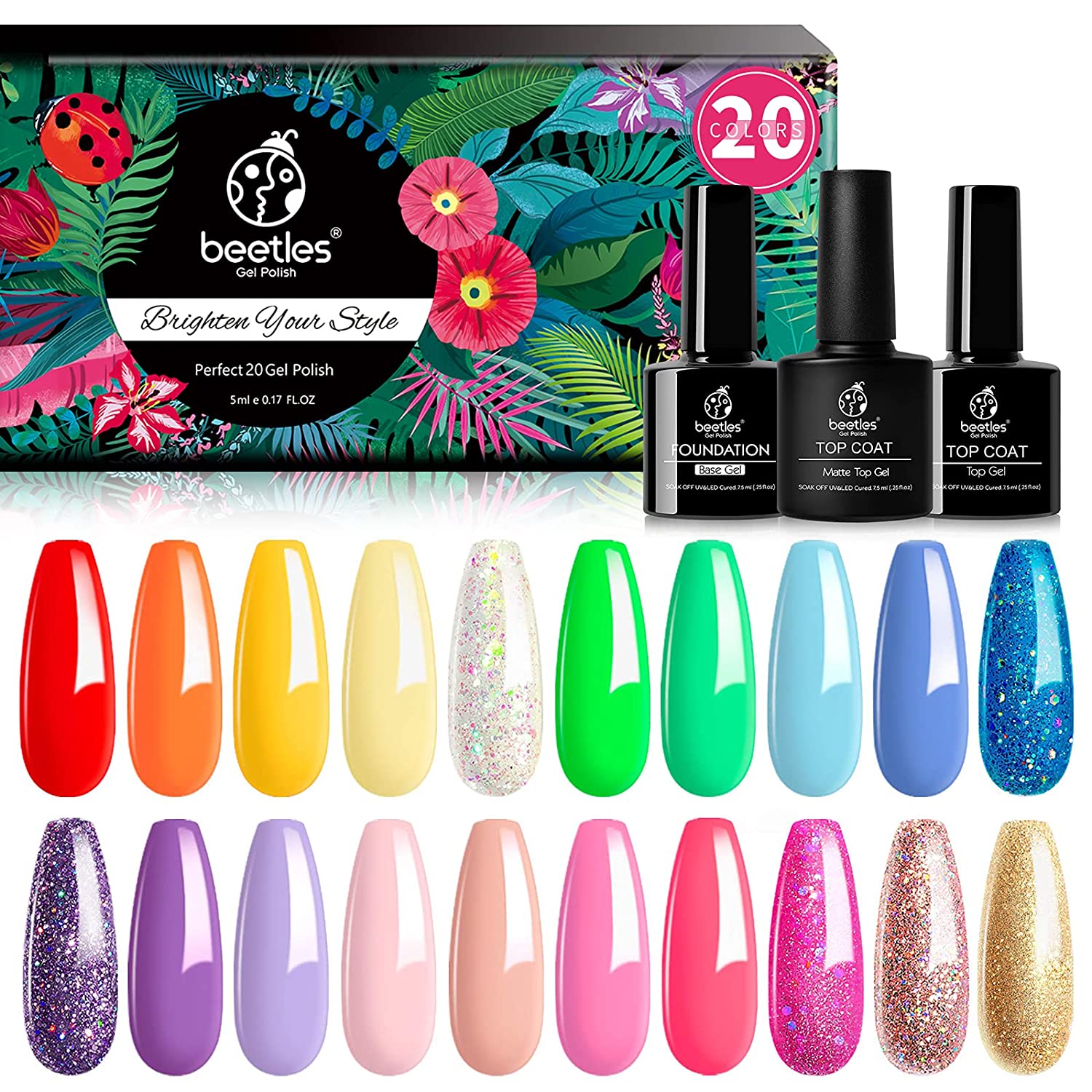 Beetles 20 Colors Rainbow Summer Gel Nail Polish Kit, Soak Off LED Lamp Gel Nail Polish Set Glitter Nude Gel Polish Starter Kit with Glossy & Matte Top Gel Base Coat Kaleidoscope Mother's Day Gifts fo